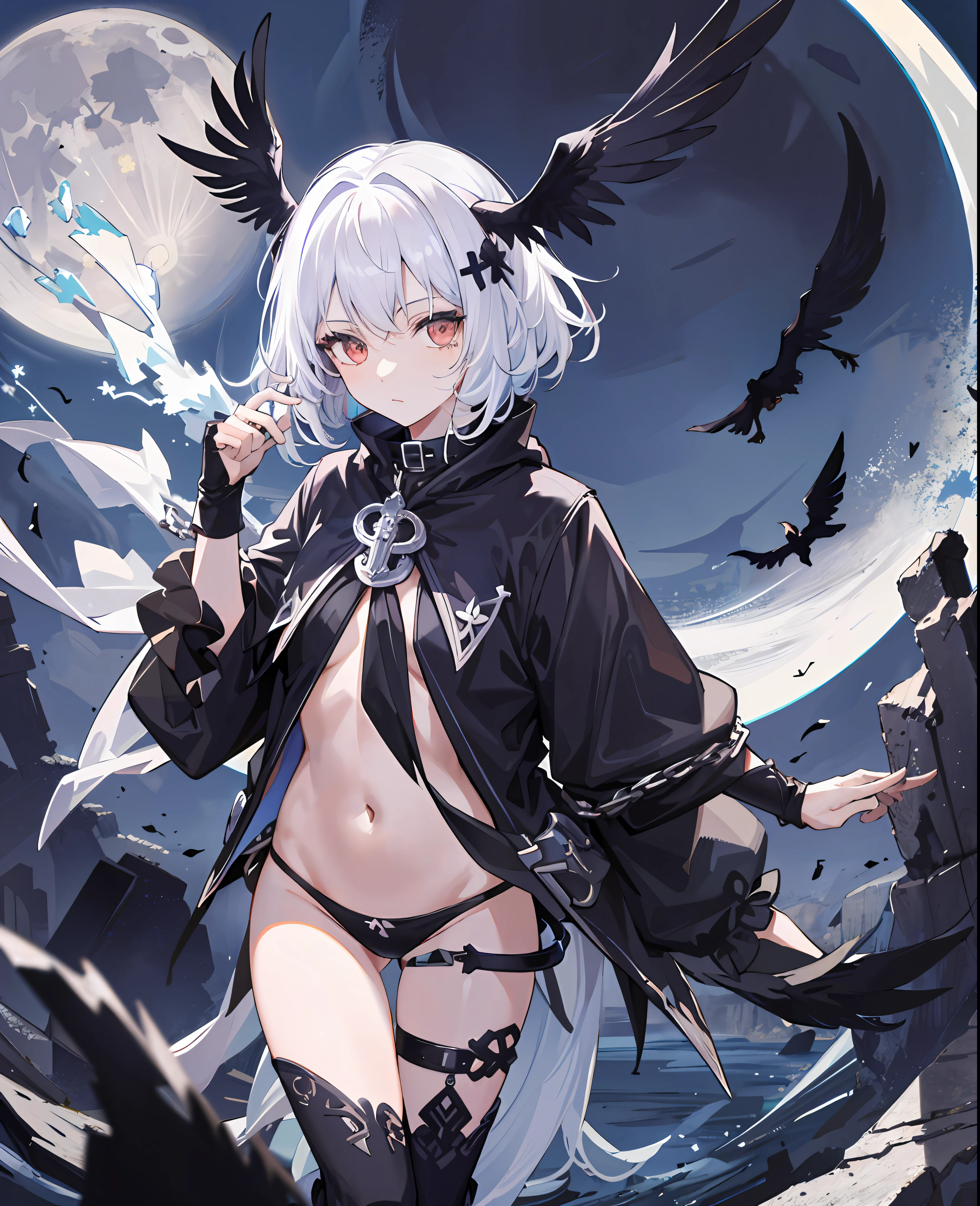 (Masterpiece), (Best Quality), Omnipotent, Full Moon, (Blackleg Decoration), 1girl, (Raven), White Chain, Ruins, 1gir, flower, flowd_flood, floud_moon, (crow), chain, ruins, 1gir, in flower, black_bikini, 1 girl in lace, navel,