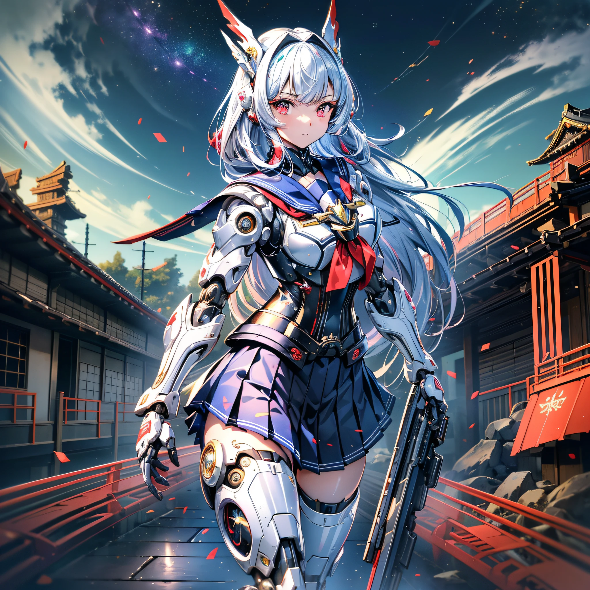 masterpiece, best quality, ultra-detailed, very detailed illustrations, extremely detailed, intricate details, highres, super complex details, extremely detailed 8k cg wallpaper, cowboy shot, caustics, reflection, ray tracing, demontheme, nebula, dark aura, cyber effect, (1girl, solo, alone:1.4), mecha musume, mechanical parts, robot joints, single mechanical arm, headgear, (upper sailor uniform:1.4), mecha corset, (pleats skirt:1.3), lower body armor, (mechanical wing with Japanese flag pattern:1.2), white long hair, hair between eyes, multicolored hair, colored inner hair, red eyes, glowing eye, eye trail, expressionless, random action, ancient japanese architecture, pond, starry sky, skyline