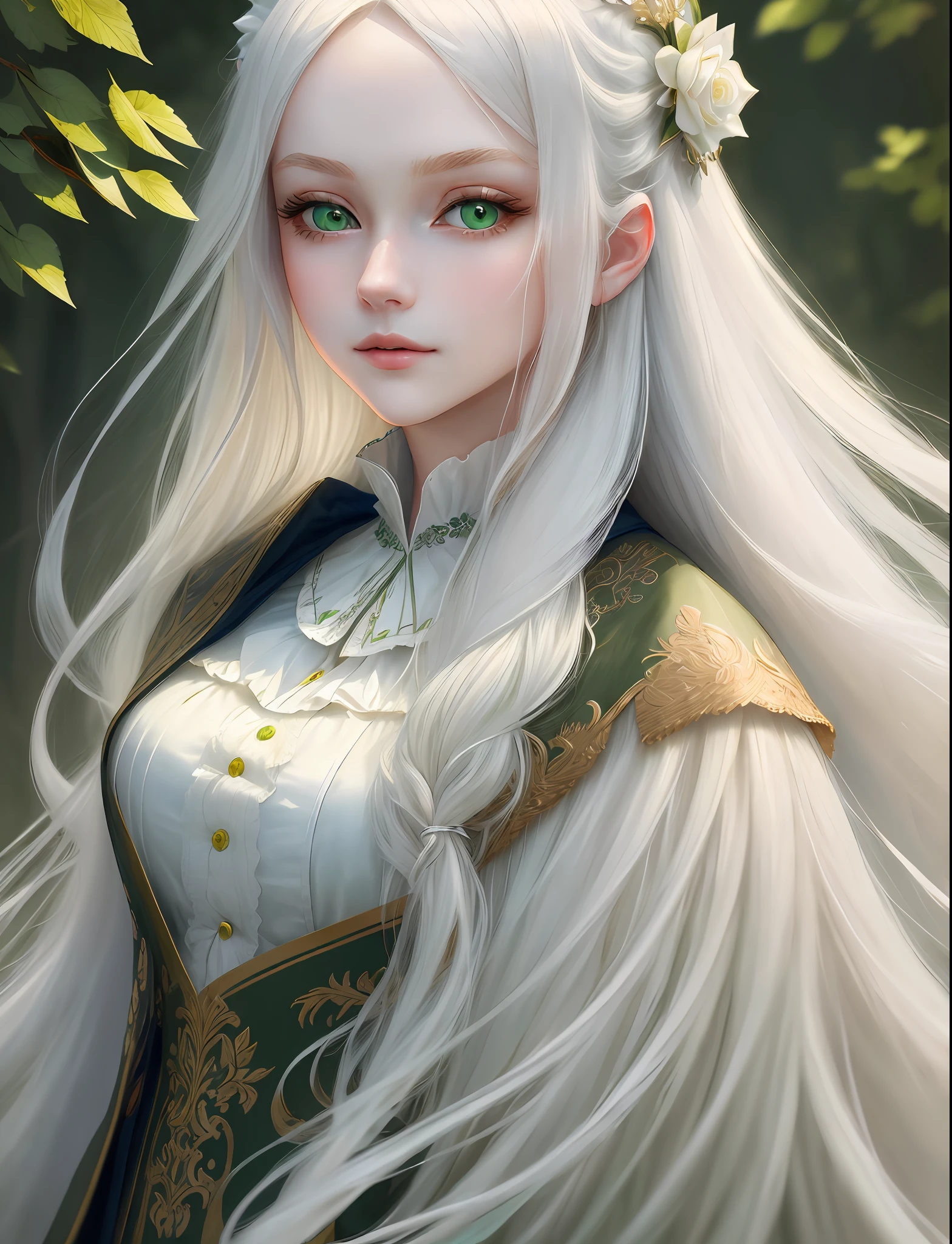 "(((Masterpiece)))), best quality, ultra-detailed details, extremely delicate and beautiful 8k wallpaper, floating, zooming in on the face of a beautiful girl with long white hair, intense green eyes and pale skin."