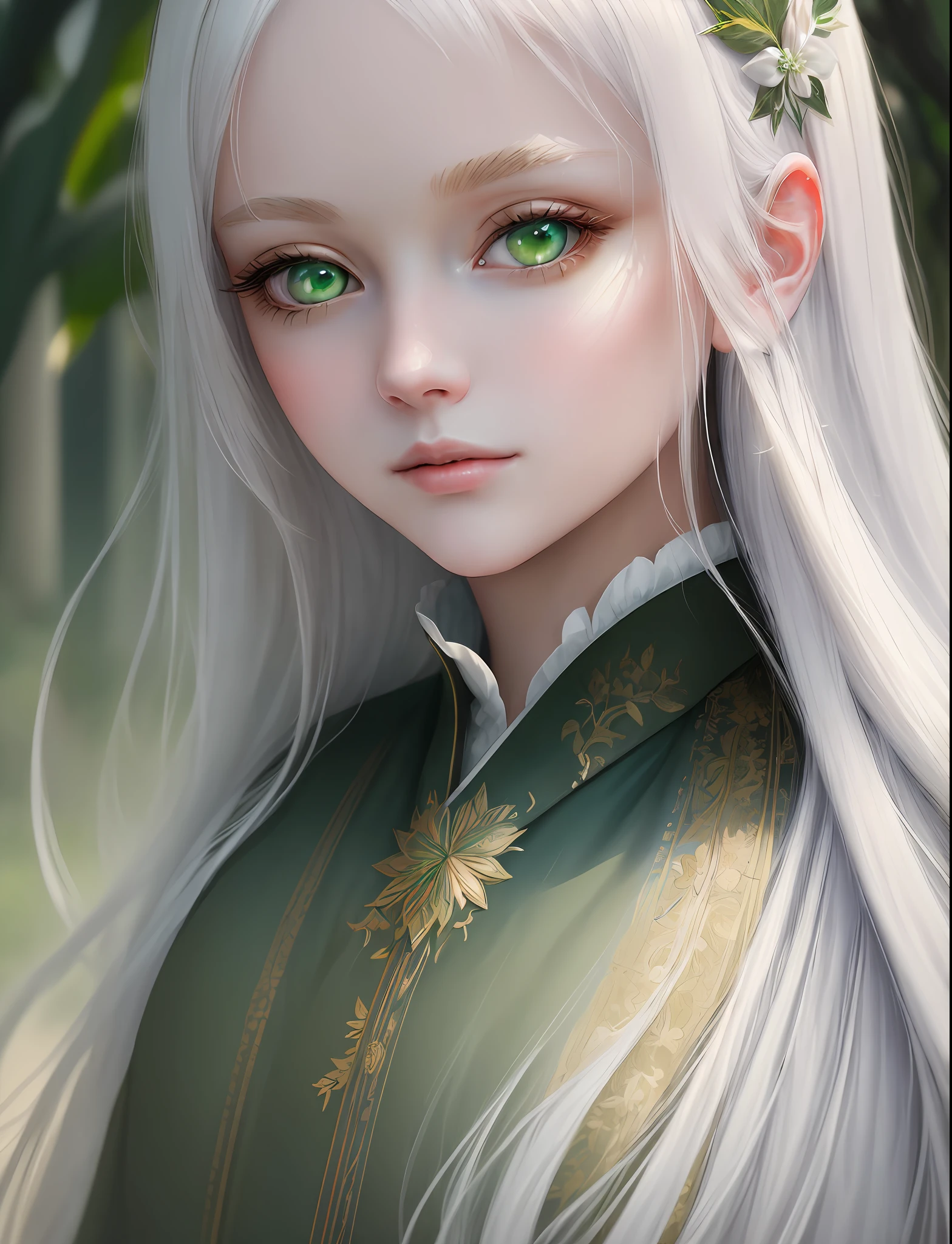 "(((Masterpiece)))), best quality, ultra-detailed details, extremely delicate and beautiful 8k wallpaper, floating, zooming in on the face of a beautiful girl with long white hair, intense green eyes and pale skin."