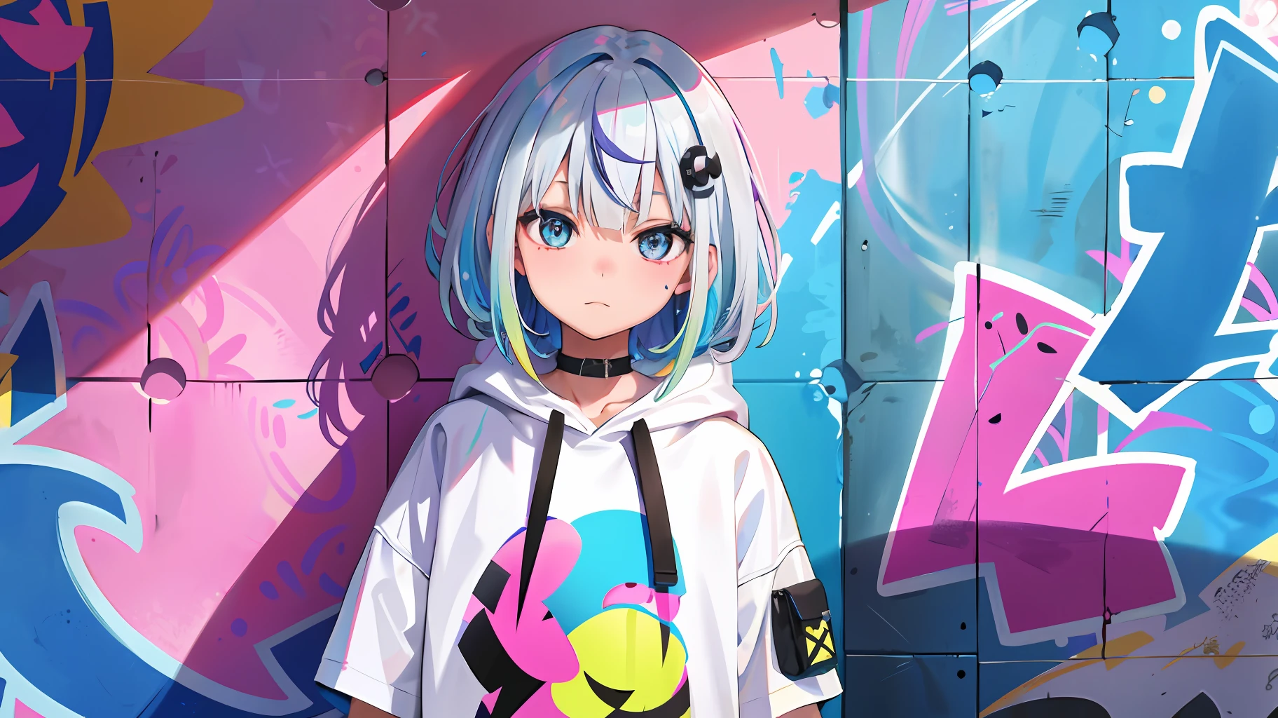 masterpiece, high quality, highres, absurdres, ultra-detailed, 8k, 1girl, platinum grey hair, blue hair, multicolored hair, gradient hair, looking at viewer, colorful eyes, colorful hoodie, (graffiti murals wall background:1.15), brilliant colorful paintings, bloom, portrait, cross hair ornament, closed mouth, waist bag, against wall, bangs, shadow, reflection