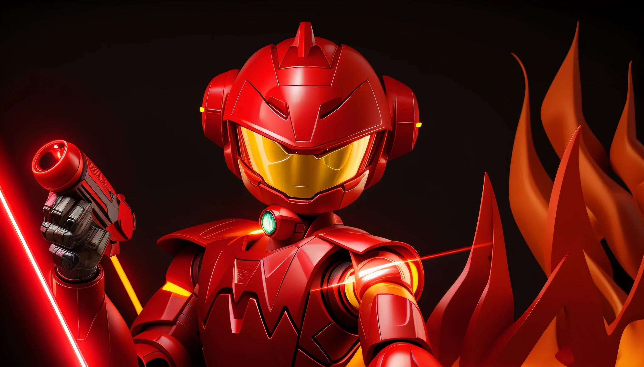 Cartoon drawing of a red ranger holding a laser gun in front of a fire, futuristic robot, wearing red, yellow and white lightning hero costume, drawn in 3D, cybernetic armor, realistic flame conjuration, humanoid form, realistic flame background