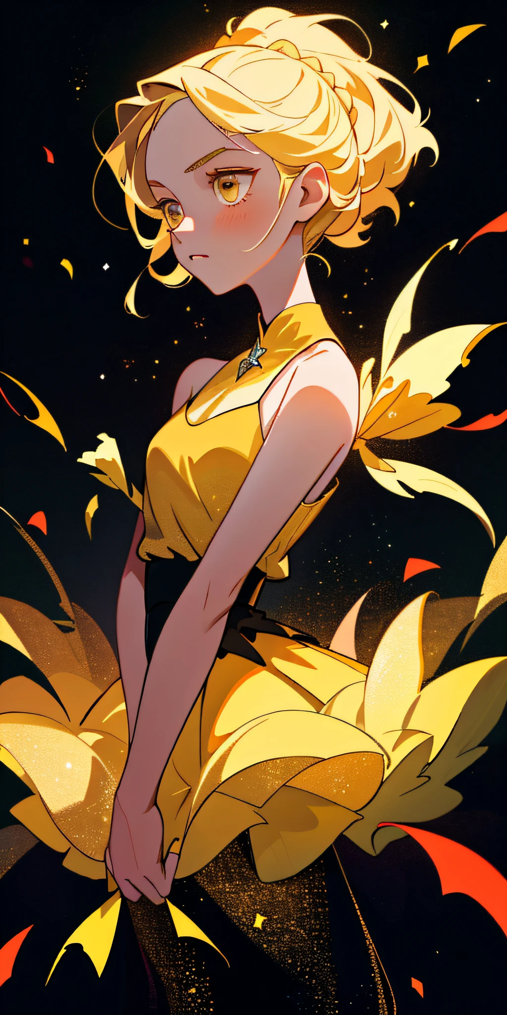 (Best quality, masterpiece), 2girl, galaxy, glitter, dress, particles, wind, flower, upper body, dark simple background, looking at the audience, blonde, skirt with pleats with 5 layers, bare shoulders