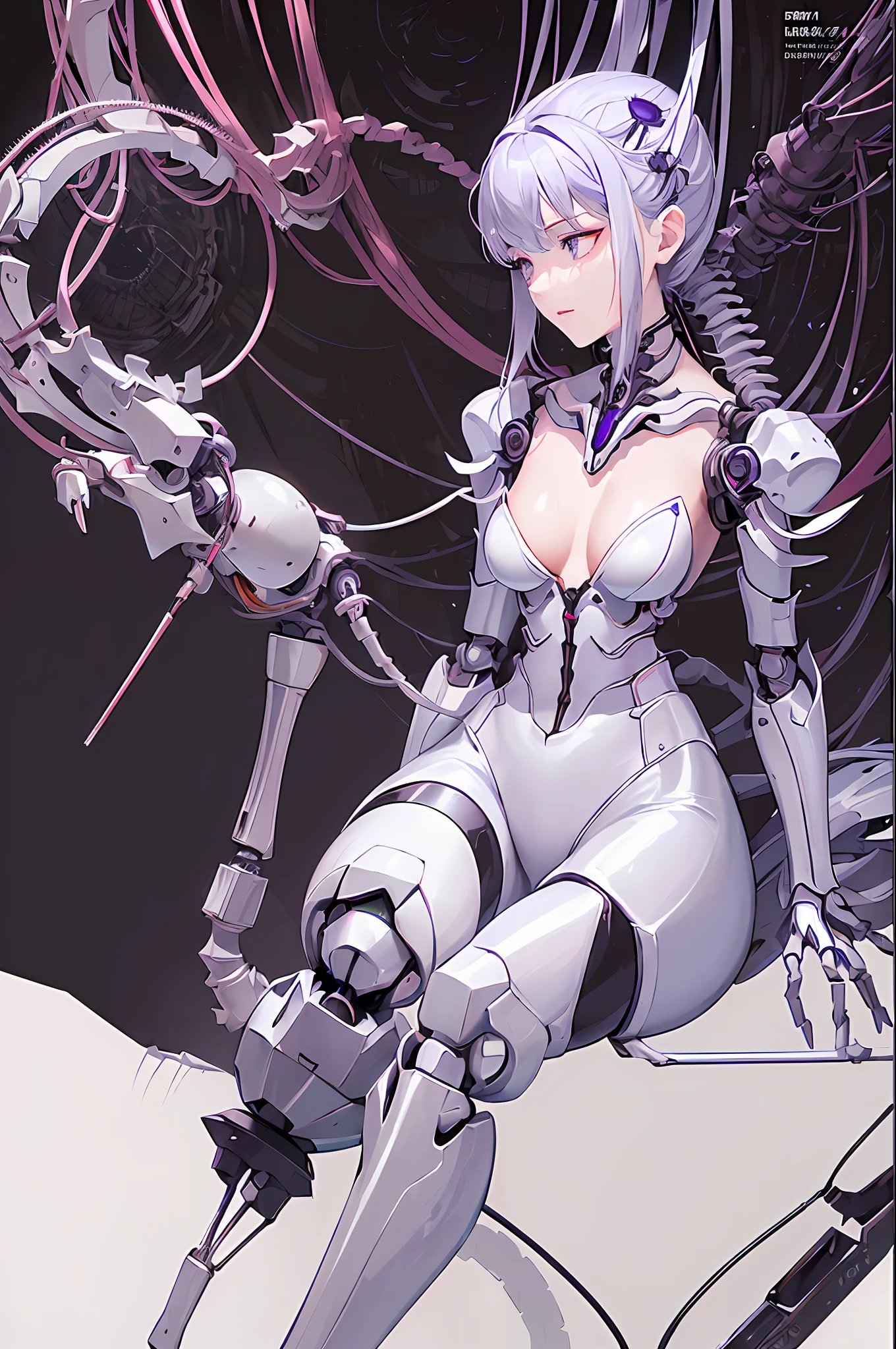 (((Masterpiece)))), ((((highest quality)))), ((Ultra Definition)), (Very Fine Photoreality), (((Very delicate and beautiful)), (Delicate and Pretty Face), Cinematic Light, (((1 girl)), Solo, Full body, Big, Cleavage is visible skin, White hair, Purple eyes, Glowing eyes, Thighs exposed skin, (Mechanical joints: 1.4), (Mechanical limbs)), (Blood vessels connected to tubes), ((Mechanical vertebrae attached to the back)), ((Mechanical cervical vertebrae) attached to the neck)), (((Sitting)), Expressionless, (Wires and cables attached to the head and body: 1.5), (Character Focus), Small LED lamps on the body, Evangelion, SF, Gunmetallic body, detailed neon