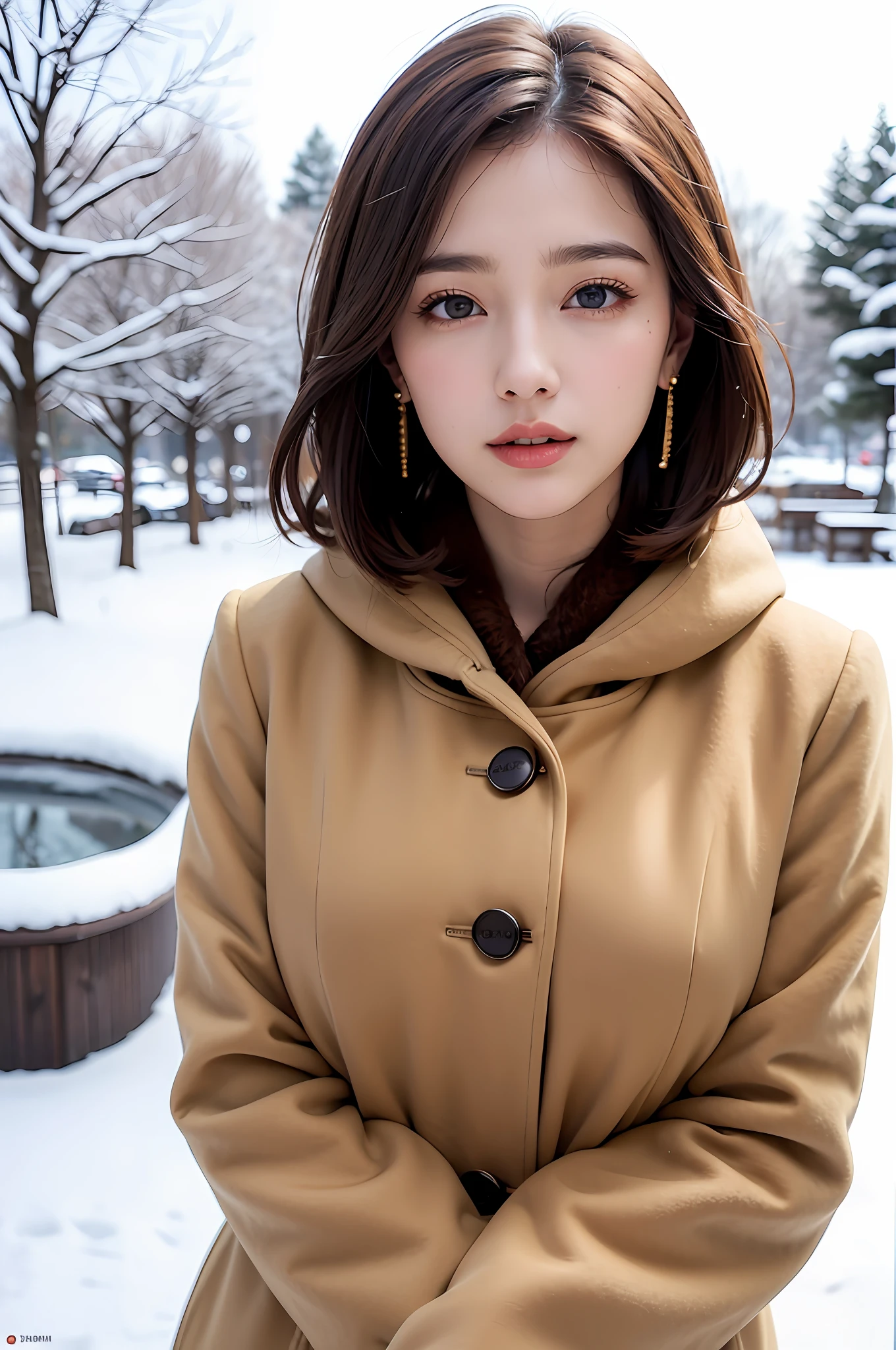 1 girl, bare_tree, brown_eyes, brown_hair, building, coat, cross_earrings, earrings, fur, fur trimmed_coat, fur_collar, fur_scarf, fur_trim, jewelry, lips, shorthair, looking_at_viewer, outdoors, snow, snow, solo, tree, upper_body, Winter, winter_clothes, detailed_eyes,Big breasts, arms close together, Chest facing camera, Big, Ears out, Golden ratio face, Golden ratio body, Best quality, Ultra high definition, Bangs