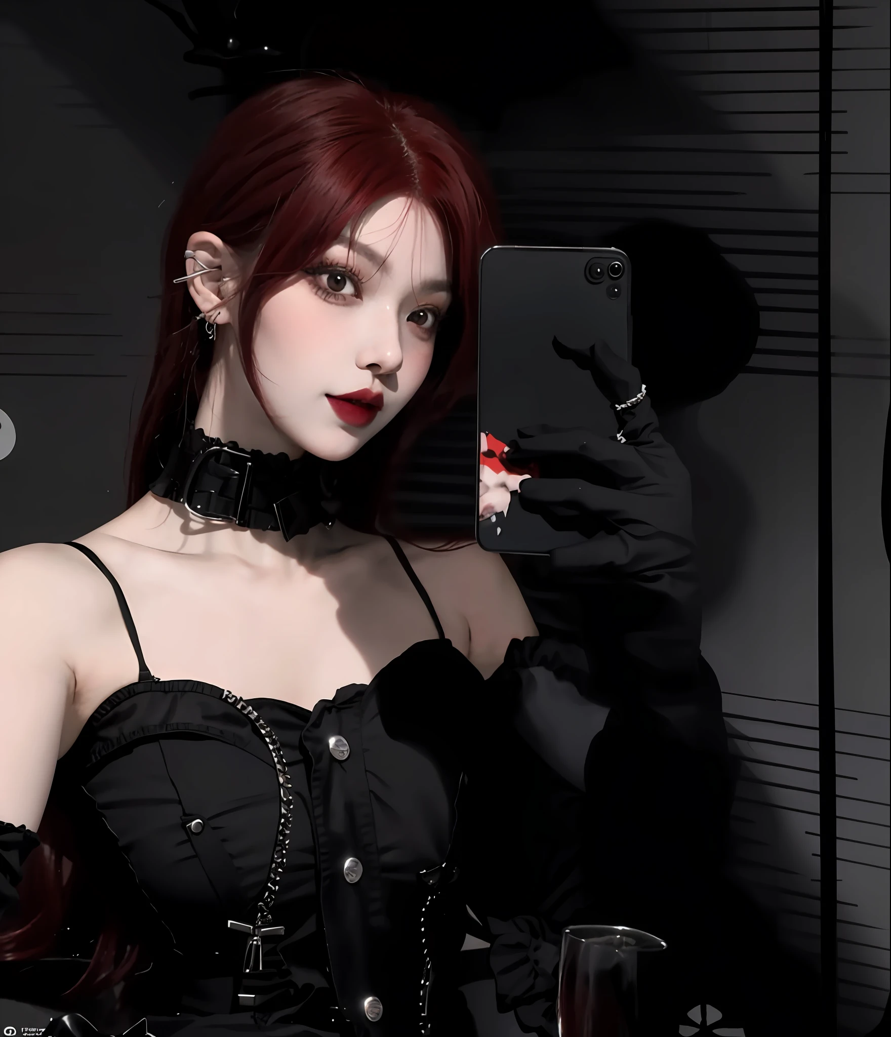 there is a woman that is taking a picture of herself in a mirror, with red hair, 1 7 - year - old anime goth girl, cruel korean goth girl, e-girl, e - girl, ulzzang, anime vibes, with square glasses, 1 7 - year - old goth girl, with long red hair, the hime cut, cybergoth