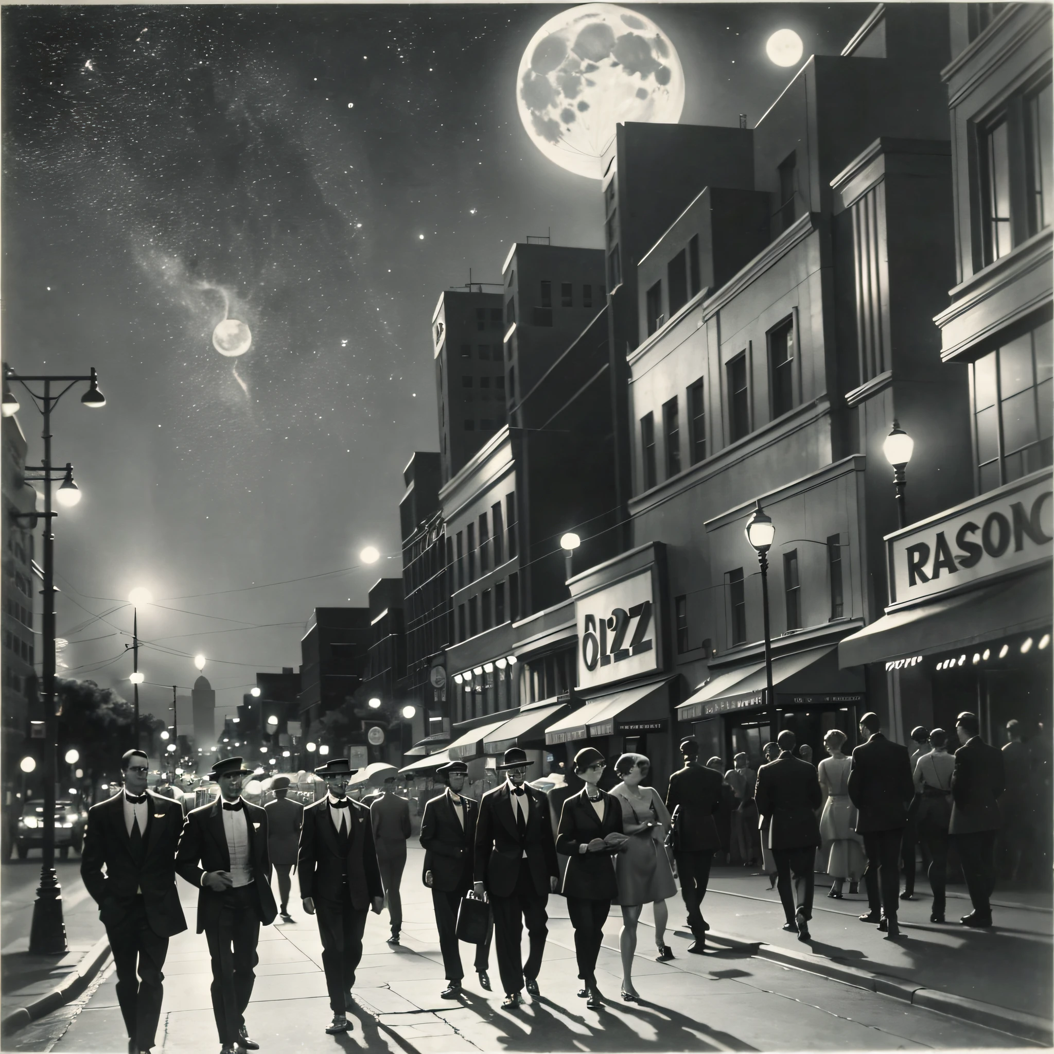Lotipo all black, jazz era, black and white, 1920, 1930, night, moon, street, people, vintage, retro, hollywood, classy, elegant --auto --s2