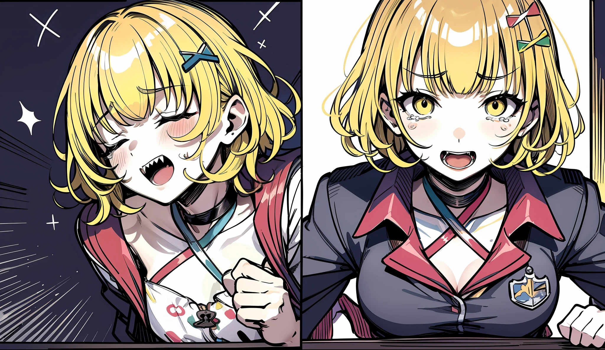 Highly Detailed Eyes, Sharp Focus, Top Quality, 1girl, Short Hair, Uniform, Hair Ornament, Smile, Open Mouth, Blonde, Curly, Bangs, Dull Bangs, Big, Big, Clavicle, Monochrome, Line Art, Portrait, Smile, Full Body, Plain Skirt, White Underwear, Face Collapsed, Face Down, Eyebrows, Contorted, Flew, Grimacing, Glare, Mockery, Furious, Uniform, School Uniform, Crying, shedding tears, wiping tears, closing eyes, sad, profile, clenching teeth, ,