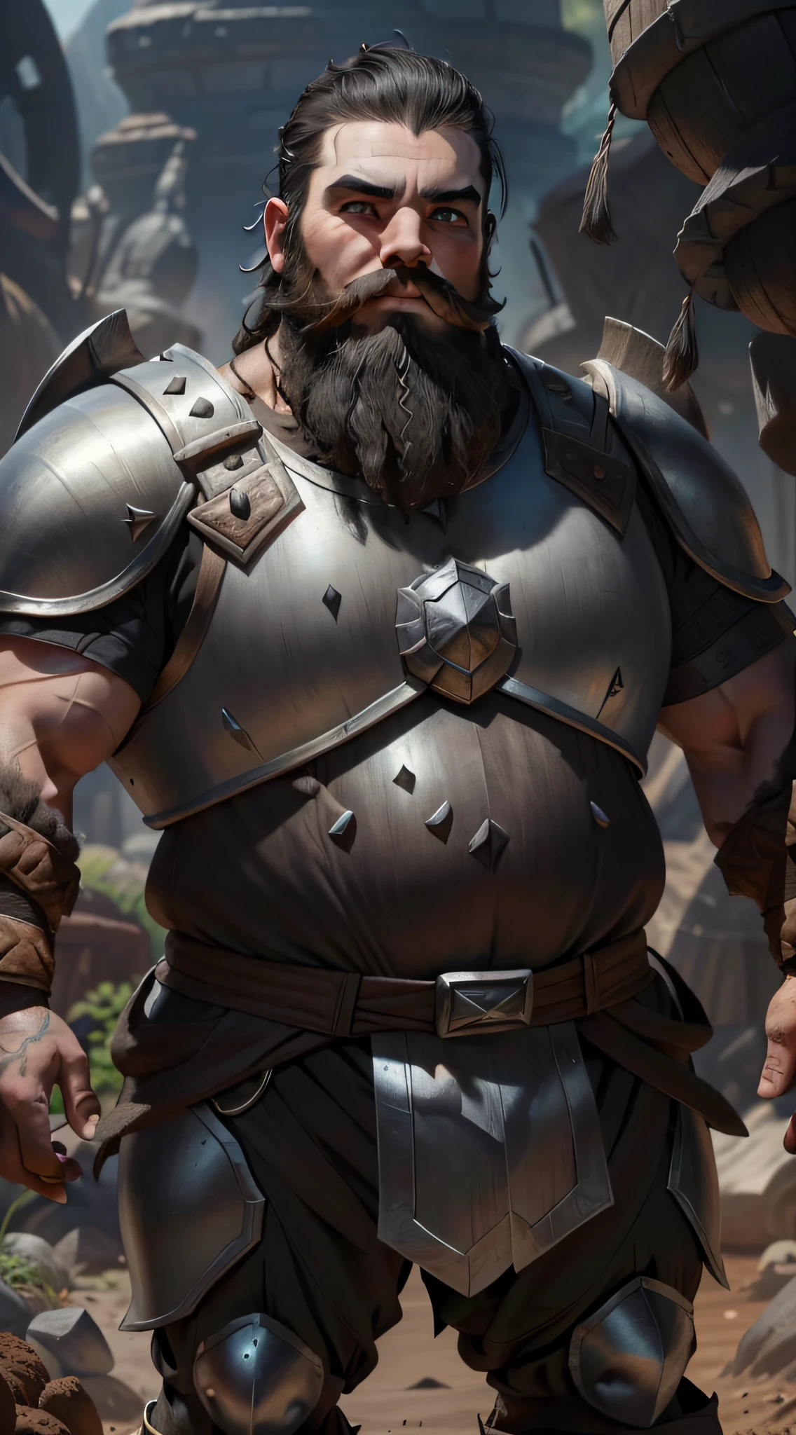 A dwarf, ((((soil))), (white skin, beard full with adornments, short black hair, large and strong nose, eyebrows together and thick), (wears a powerful armor all over his body of steel), is in his forge