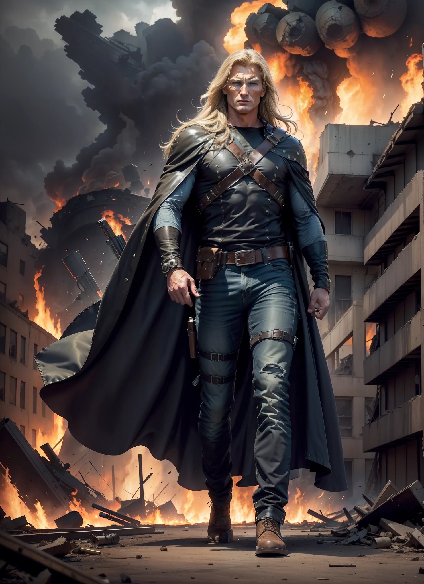 Dolph Lundgreen, long hair, jeans, 1 belt, holster, rivets, long black cape, just one body, big gun in hands, in ruins, explosions behind, fire behind, front view