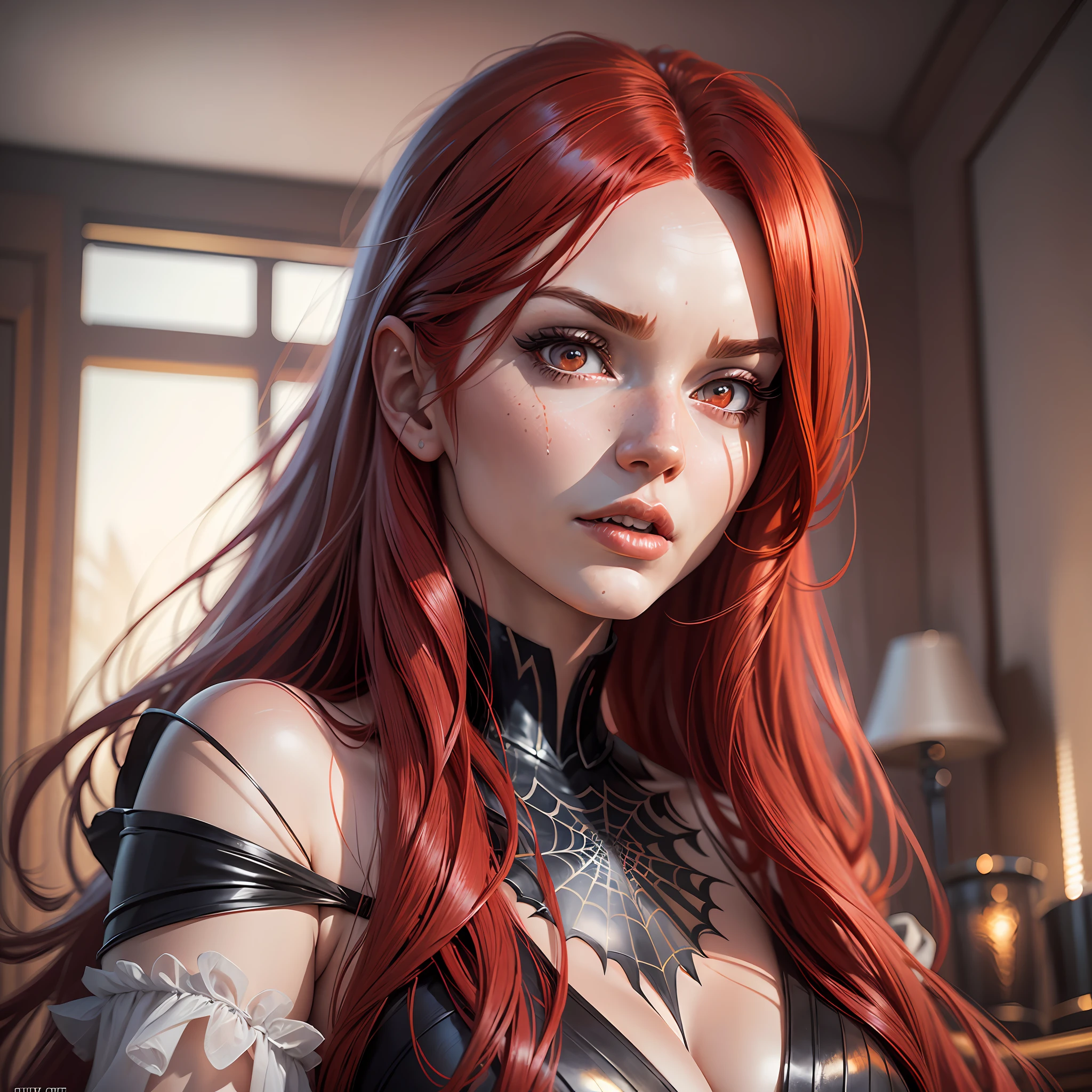 Rias Gremory, long red hair, high quality, cinematic radius, realistic digital art illustration poster film portrait man spider, epic lighting, cinematic lighting, high res, (detailed image:1), insane details, smooth, hyper realistic, (highly detailed: 1.2), masterpiece, 8k uhd, digital art style, trend in artstation --auto --s2