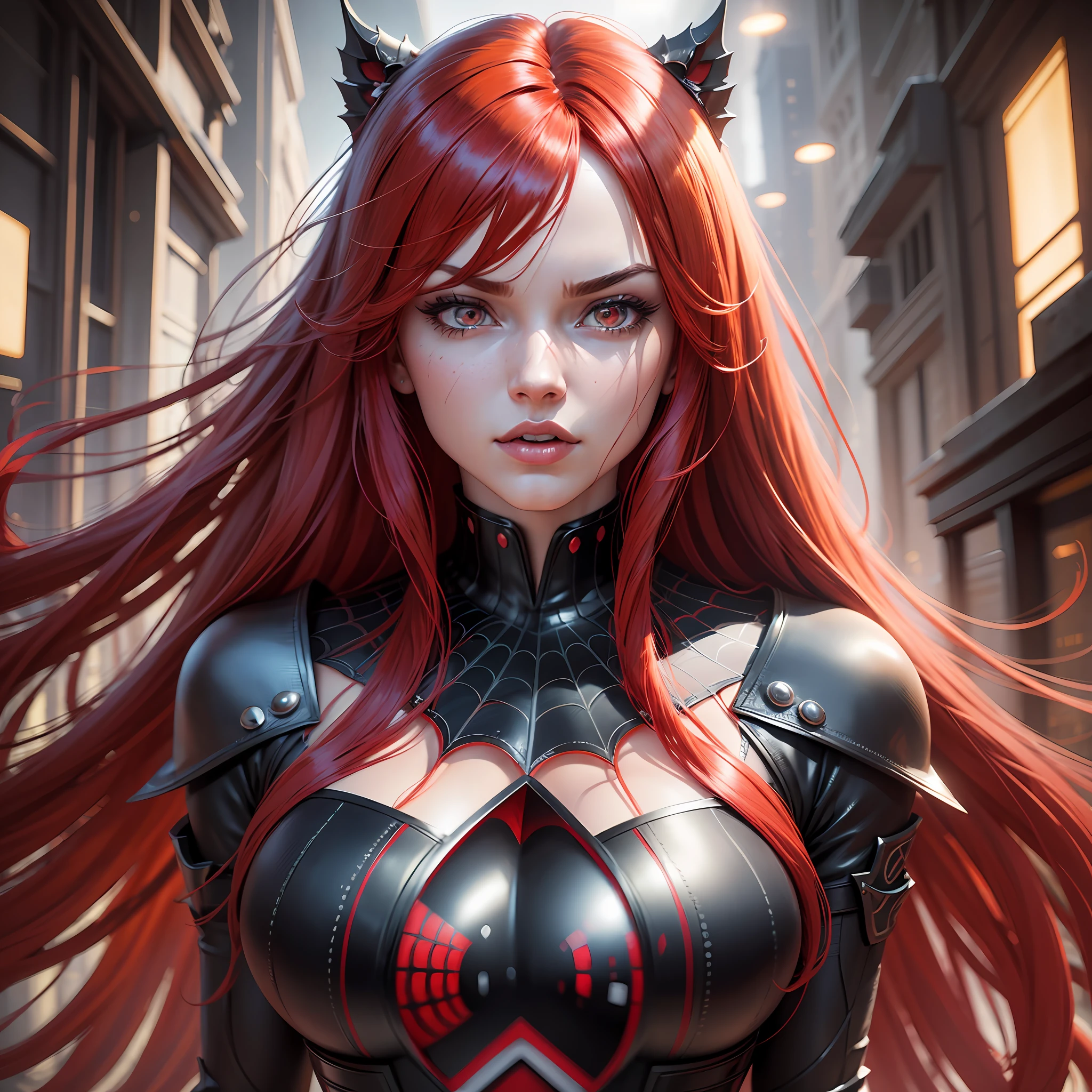Rias Gremory, long red hair, high quality, cinematic radius, realistic digital art illustration poster film portrait man spider, epic lighting, cinematic lighting, high res, (detailed image:1), insane details, smooth, hyper realistic, (highly detailed: 1.2), masterpiece, 8k uhd, digital art style, trend in artstation --auto --s2