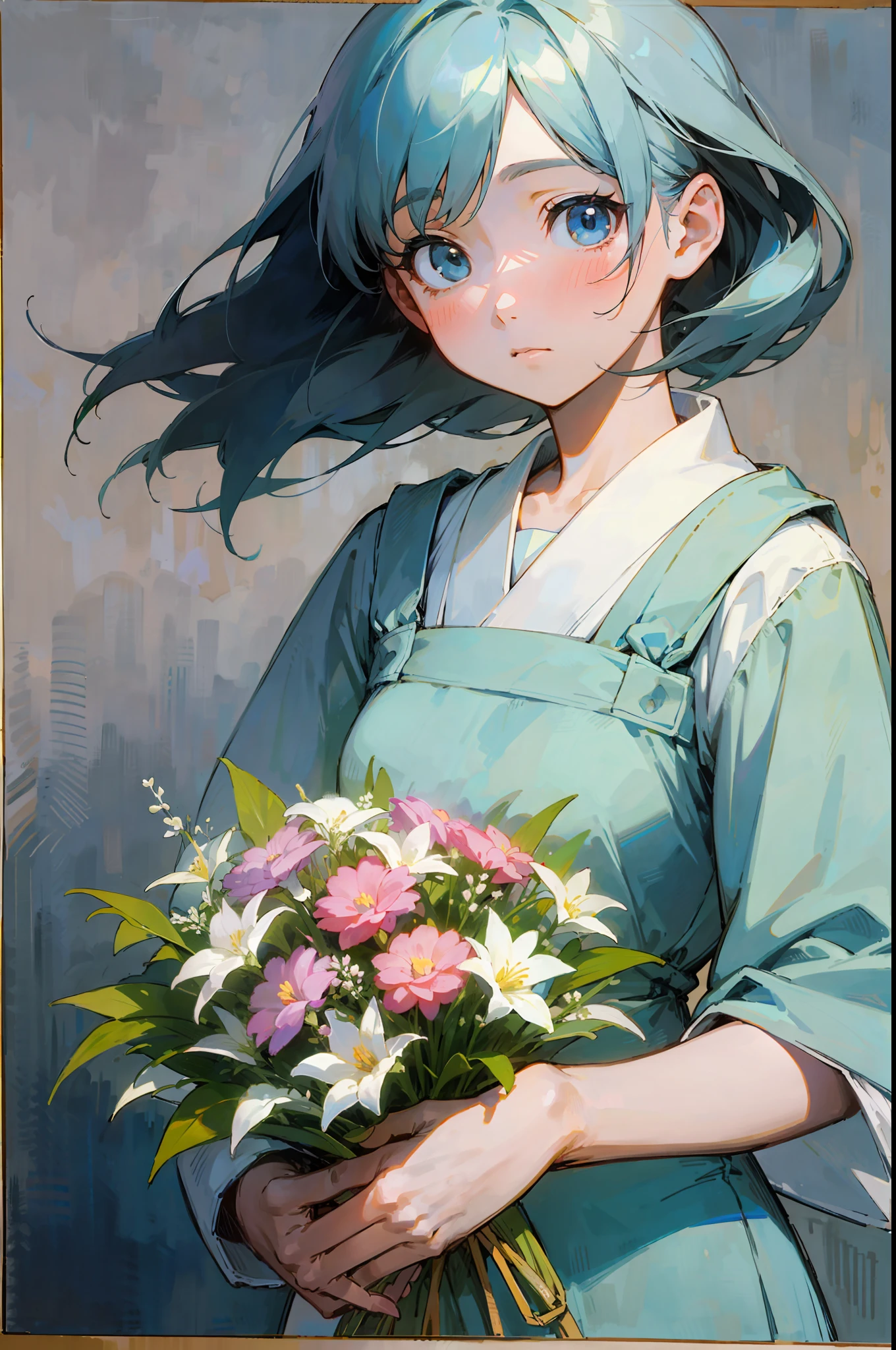 Top quality, woman giving bouquet of flowers, pastel, soft atmosphere, staring at us, Hayao Miyazaki