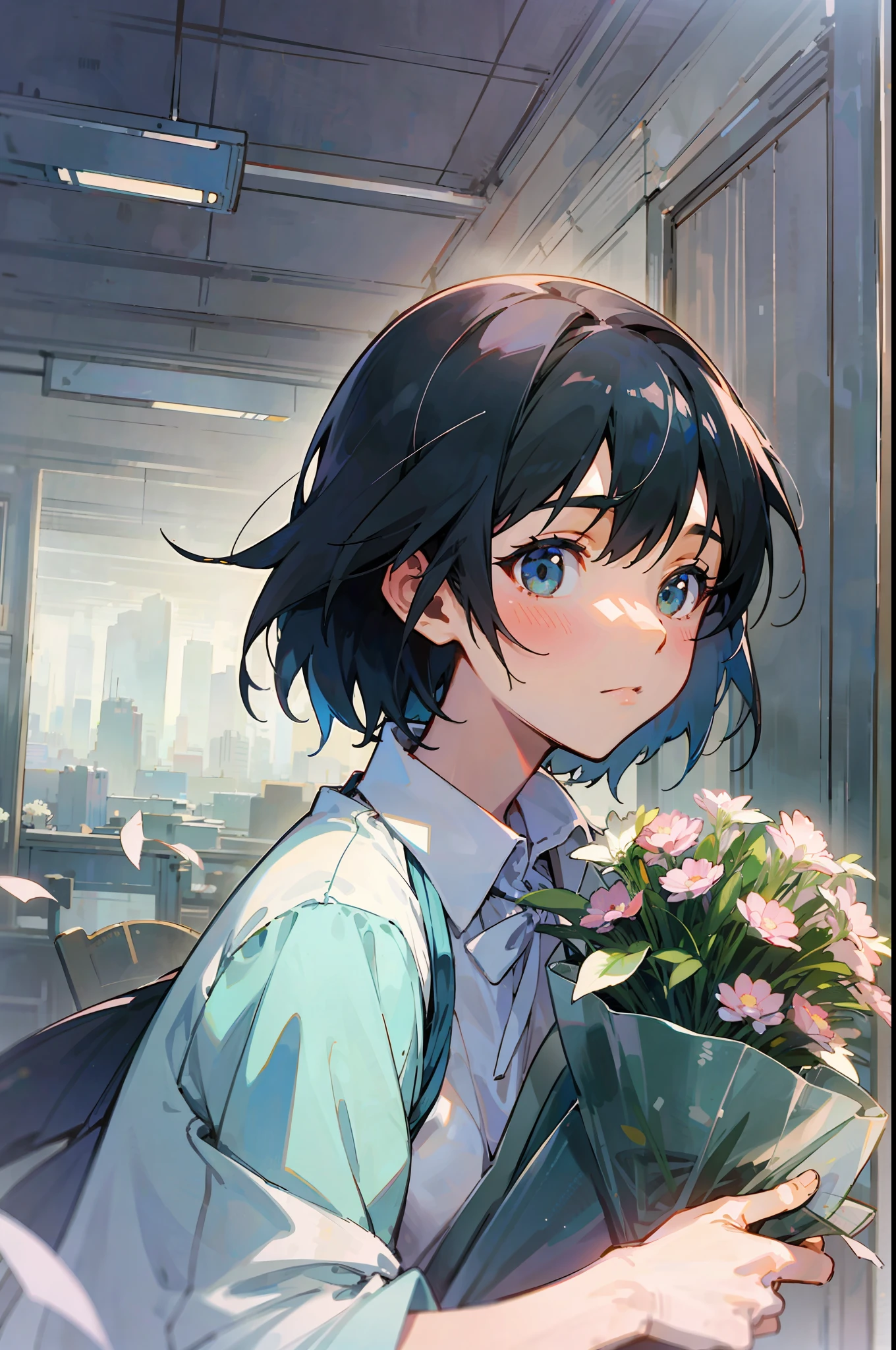 Top quality, woman giving bouquet of flowers, pastel, soft atmosphere, staring at us, Makoto Shinkai