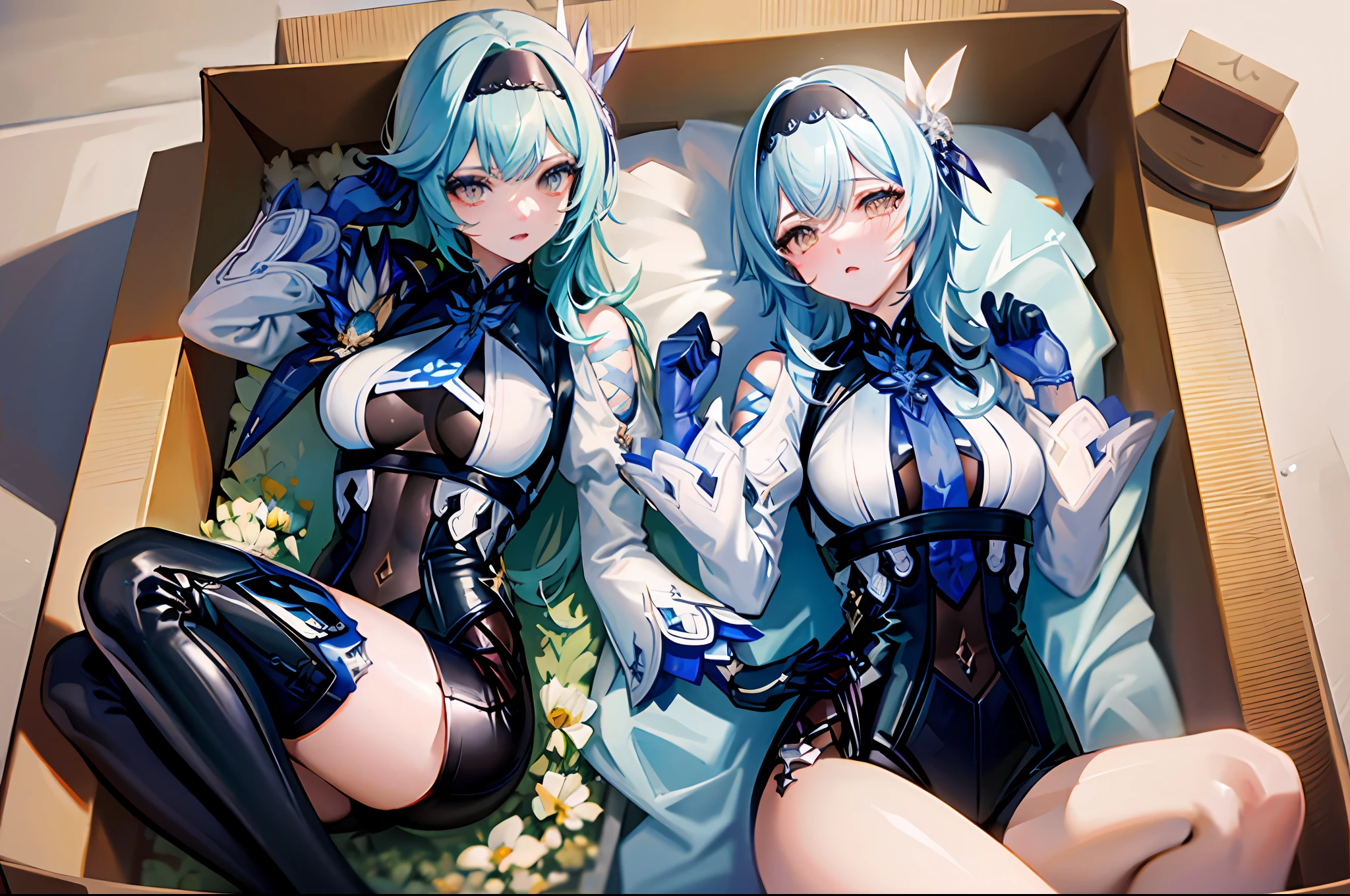 (masterpiece, top quality, best quality, official art, beautiful and aesthetic:1.2),(8k, best quality, masterpiece:1.2), there is a woman sitting in a box full of ice cubes, eula genshin impact, eula game genshin impact, kawacy, splash art anime ****, extremely detailed artgerm, artgerm. anime illustration, from girls frontline, ! dream artgerm, ruan jia and artgerm, 2 hands, 2 legs