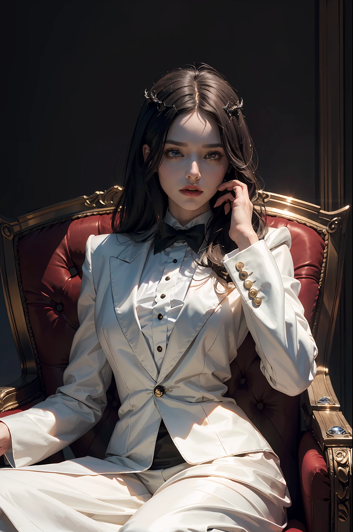 "(exquisitely detailed CG unity 8k wallpaper, masterpiece-quality with stunning realism), (best illumination, best shadow), (best quality), ((gallant man)), (elegant and demonic style:1.2), demon lord, sitting elegantly upon an intricately carved chair, wearing a (sleek white tuxedo:1.2), (piercing black eyes+short black hair:0.8), surrounded by an ominous and dark atmosphere, accentuated by dramatic and striking lighting, imbued with a sense of surreal fantasy".