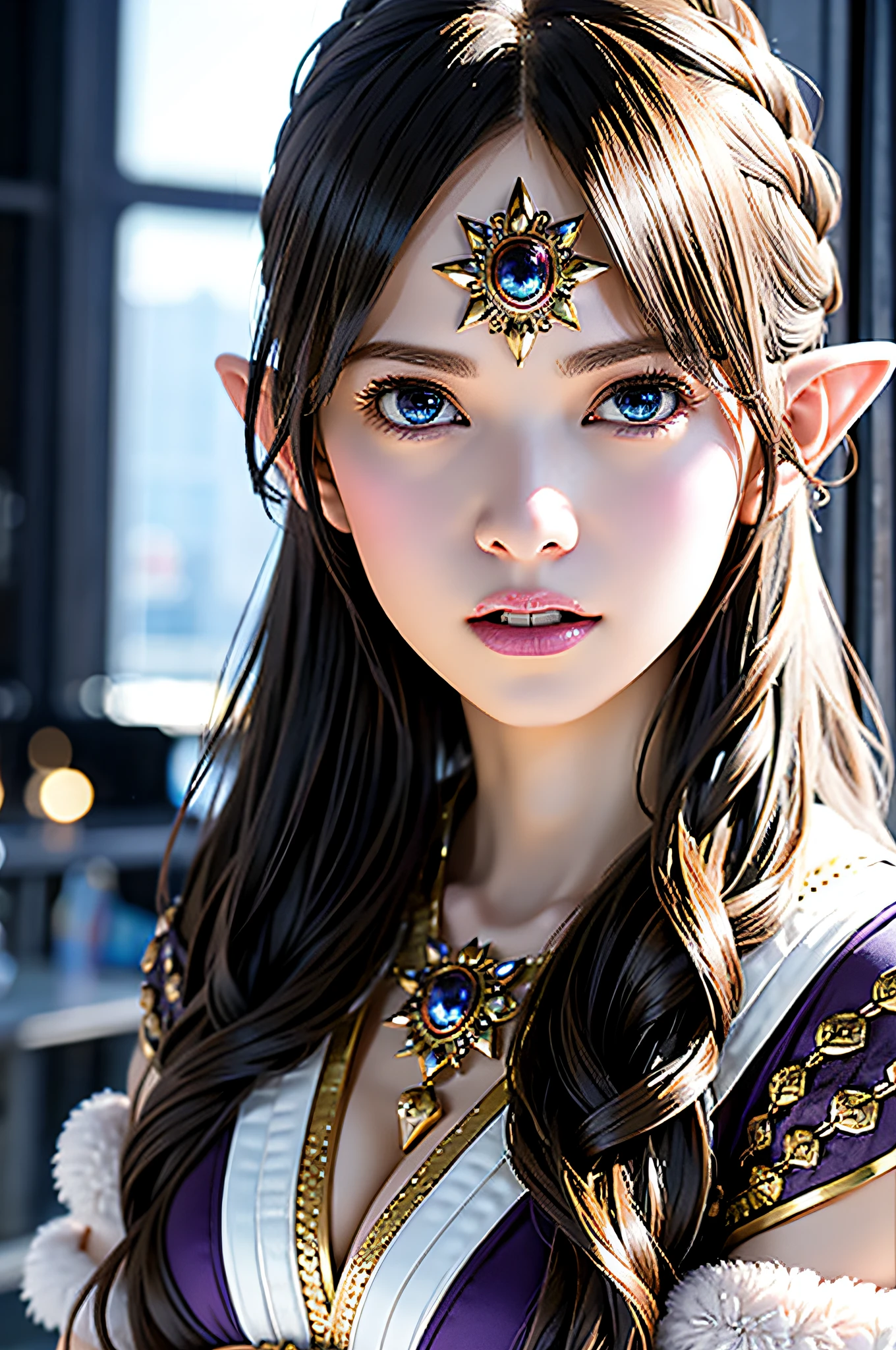 Ultra-detailed complex 3D rendering of the face, (Colossal: 7.8), (Skindent: 1.5), (Masterpiece, Top Quality, Octane Rendering, 8K), Glamour Shots Full Body Image, Very Beautiful Young Elves, Cleavage, Swimsuit, Alone, Micro Bikini, Long Braided Blonde Hair, Blonde Hair, Big Breasts, Wearing Purple and Red Intricate Super Armor, Ultra-realistic photos ((( Portrait))), wearing an intricate purple cloak and intricate white leggings on the legs, futuristic urban background, facial muscles, in the style of Marvel Comics, ArtStation Trends, Clear Focus, Studio Photography, Intricate Details, Very Detailed, Detailed Eyes, Illustration, Very Detailed, Sharp Focus, Digital Rendering, Professional, Abs