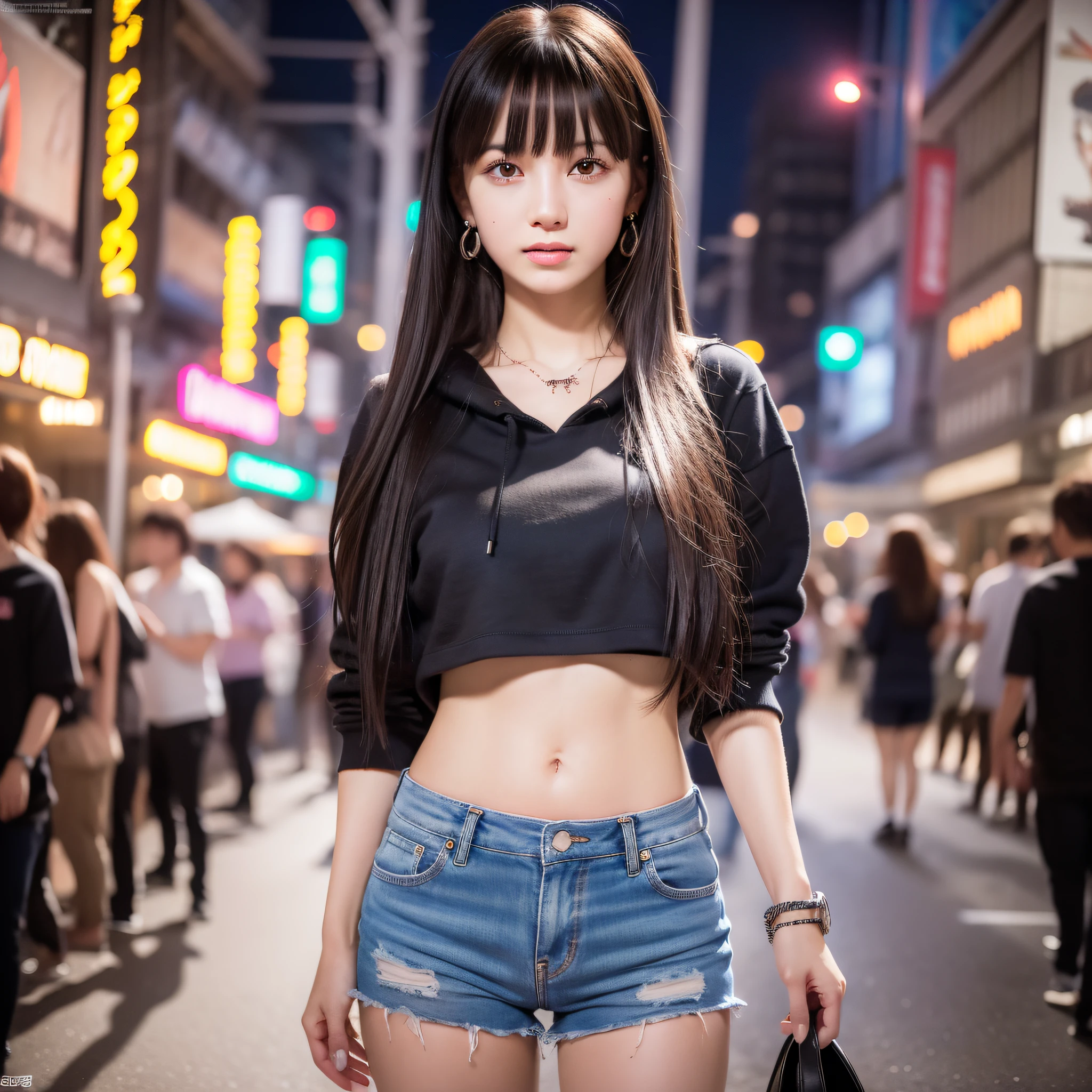 (8k, RAW photo, best quality, masterpiece:1.2), ultra detailed, ultra high res,
(realistic, photo realistic:1.37), high detail RAW color photo, professional photograph,
an extremely delicate and beautiful, extremely detailed, 8k wallpaper, Amazing, finely detail, huge file size, official art, extremely detailed CG unity 8k wallpaper,
extremely detailed beautiful girl, extremely detailed face, extremely detailed eyes, extremely detailed skin, extremely detailed fingers, extremely detailed nose, extremely detailed mouth, perfect anatomy, highly detailed background, extremely detailed clothing,
1girl, (18 years old:1.2), age, cute girl, famous japanese idol, kawaii,
(small breasts:1.2), realistic body, petite,
fair skin, shiny skin, slender body, good figure,
black hair, long straight hair, (blunt bangs:1.2),
smile, cute, young, cute face, baby face, realistic face,
beautifully detailed eyes, drooping eyes, beautiful big eyes, large dark eyes, beautiful and clear eyes,
(hoodie:1.2), short sleeve, short pants, thigh, necklace, earrings,
looking at viewer, cowboy shot, front view, standing posture, contrapposto,
outdoors, (night:1.2), neon city, neon light, neon sign, public, crowd,
dynamic lighting, front lighting,