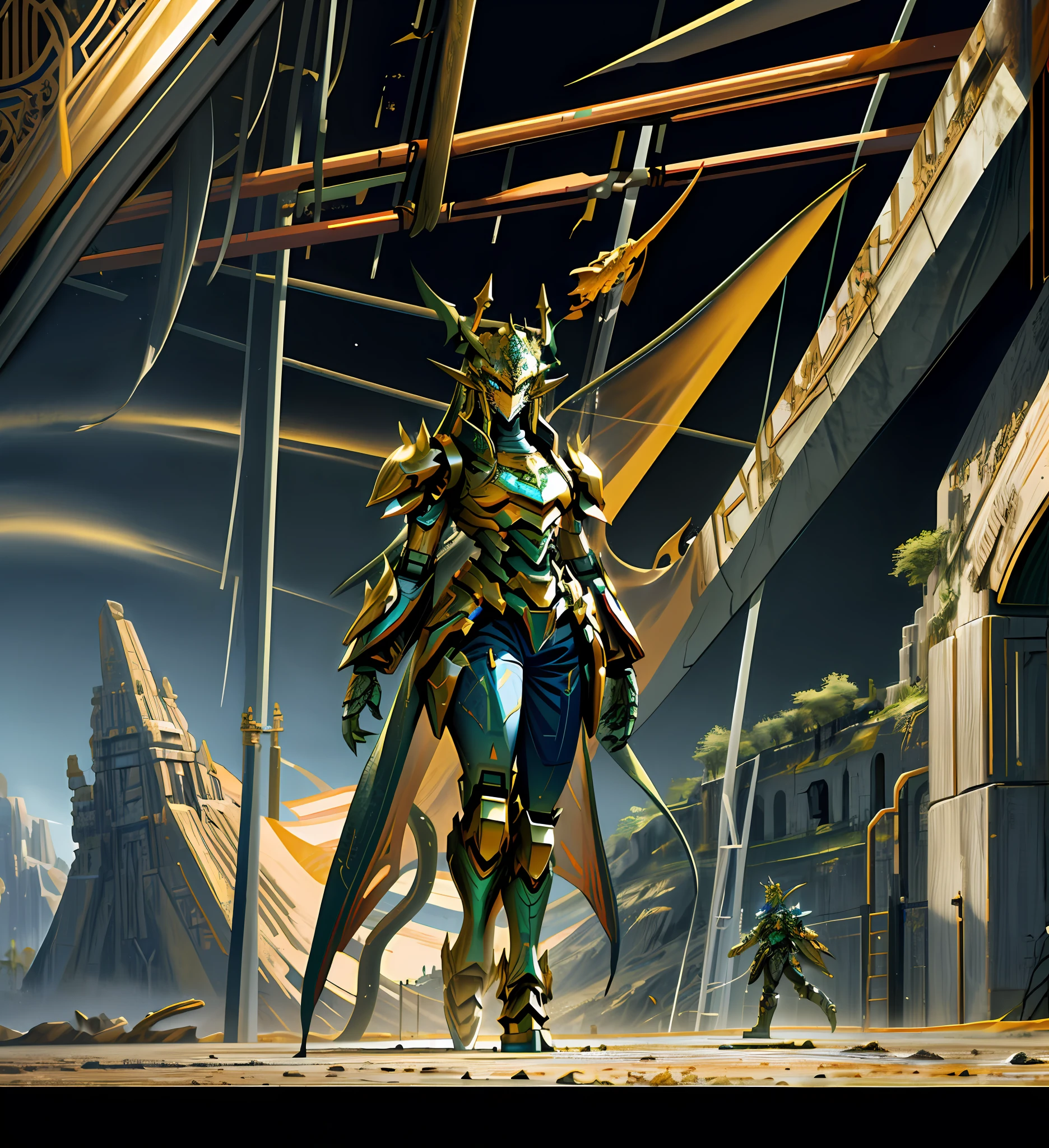 old, inorganic giants, golems, fantasy, super robots, ancient civilisations, Full Body, solo, Fish, Dragon-type robot