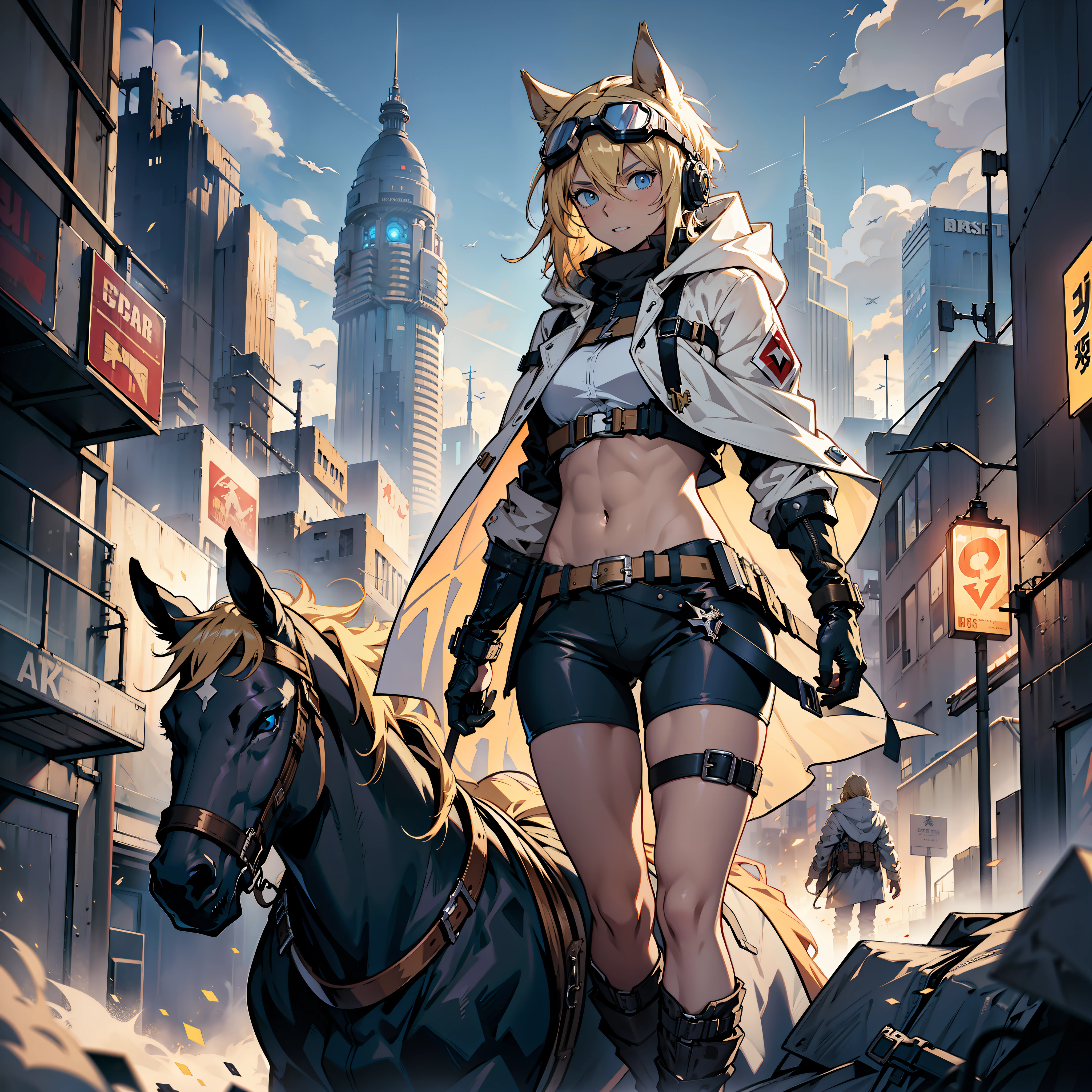 Noisy night city background, single, white translucent hooded trench coat, crop navel, windproof goggles, blonde, gunslinger, horse ear, heroic royal sister, ark of tomorrow, best quality, high resolution, best quality, high quality, detailed key anime art, best anime