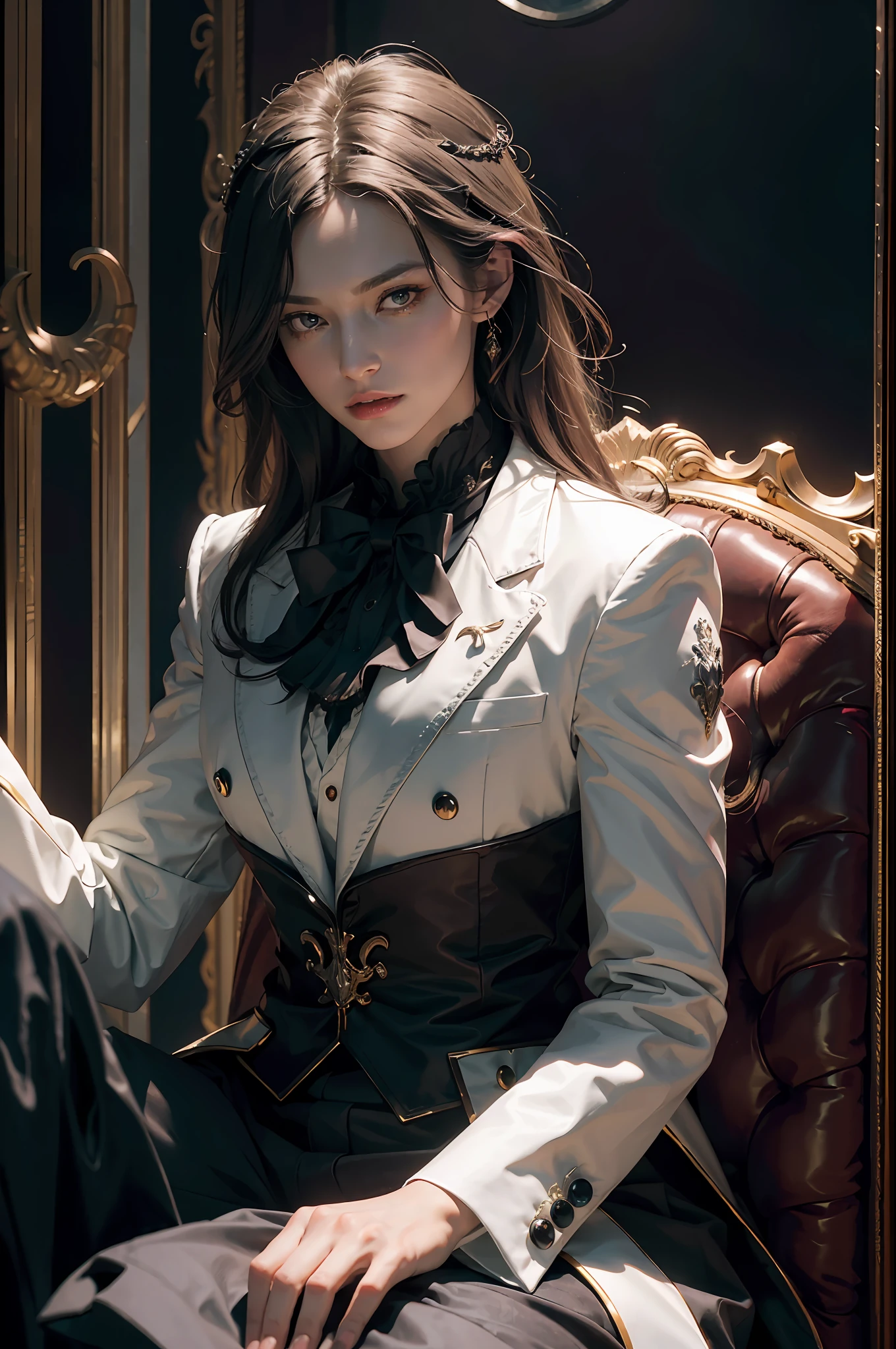 "(exquisitely detailed CG unity 8k wallpaper, masterpiece-quality with stunning realism), (best illumination, best shadow), (best quality), ((gallant man)), (elegant and demonic style:1.2), demon lord, sitting elegantly upon an intricately glorious throne, wearing a (sleek white tuxedo:1.2), (piercing black eyes+short black hair:0.8), surrounded by an ominous and dark atmosphere, accentuated by dramatic and striking lighting, imbued with a sense of surreal fantasy".