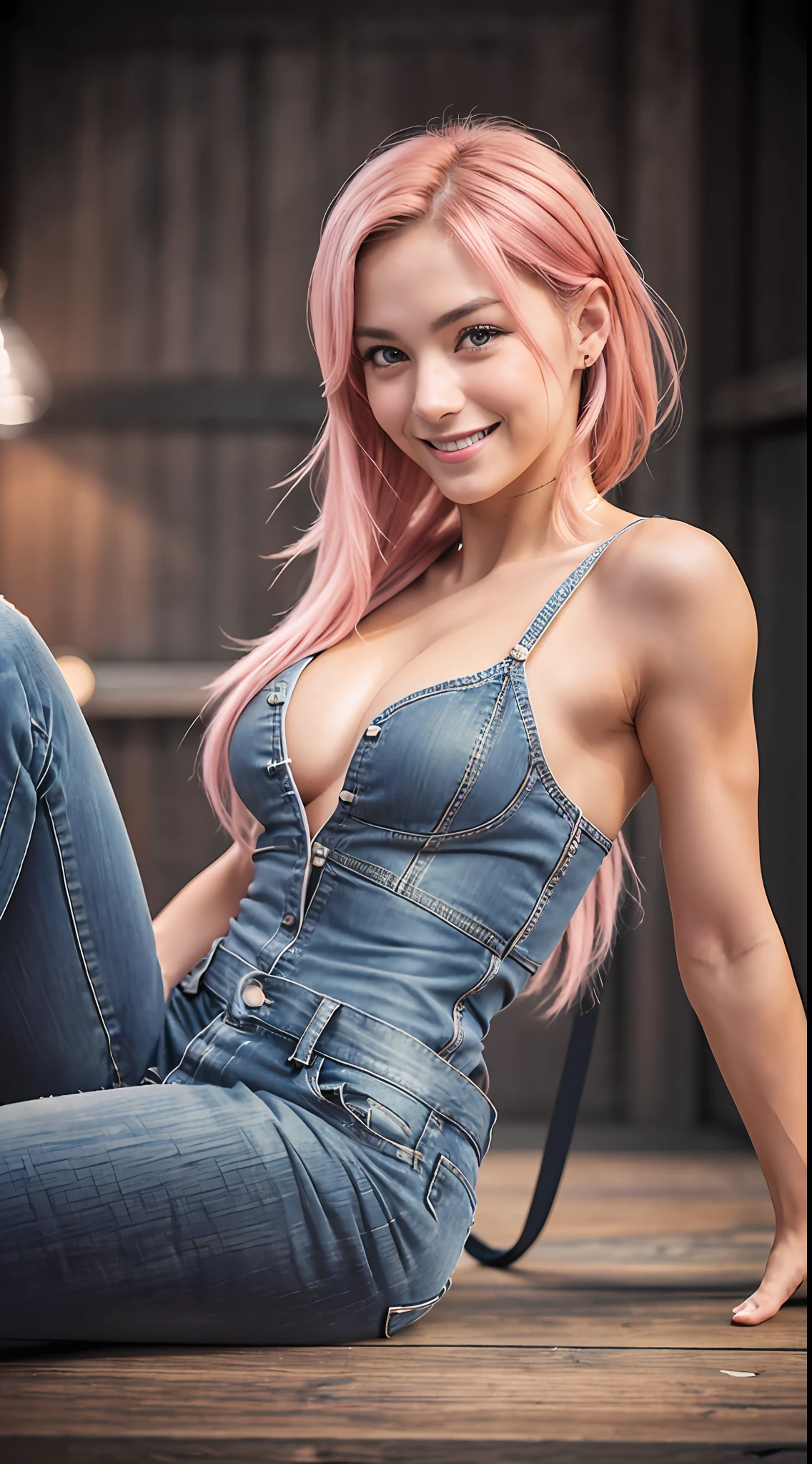 big smile, smile, black denim pants, legs spread, legs spread from side to side, italian beauty, pink hair short, raw photo, single girl, bust visible, chest exposed, erotic body, beautiful woman, 22 years old, attractive female body, light muscles, dynamism, constricted waist, 8k, hdr, realistic photography, realistic texture, toned skin, ( Realistic, Photorealistic: 1.9), Photography, Raw Photography, Masterpiece, High Definition Photography, High Definition Photography, High Definition, Sitting Quality, High Quality, Night Scene, Dynamism, Like Taken with a DSLR Camera,