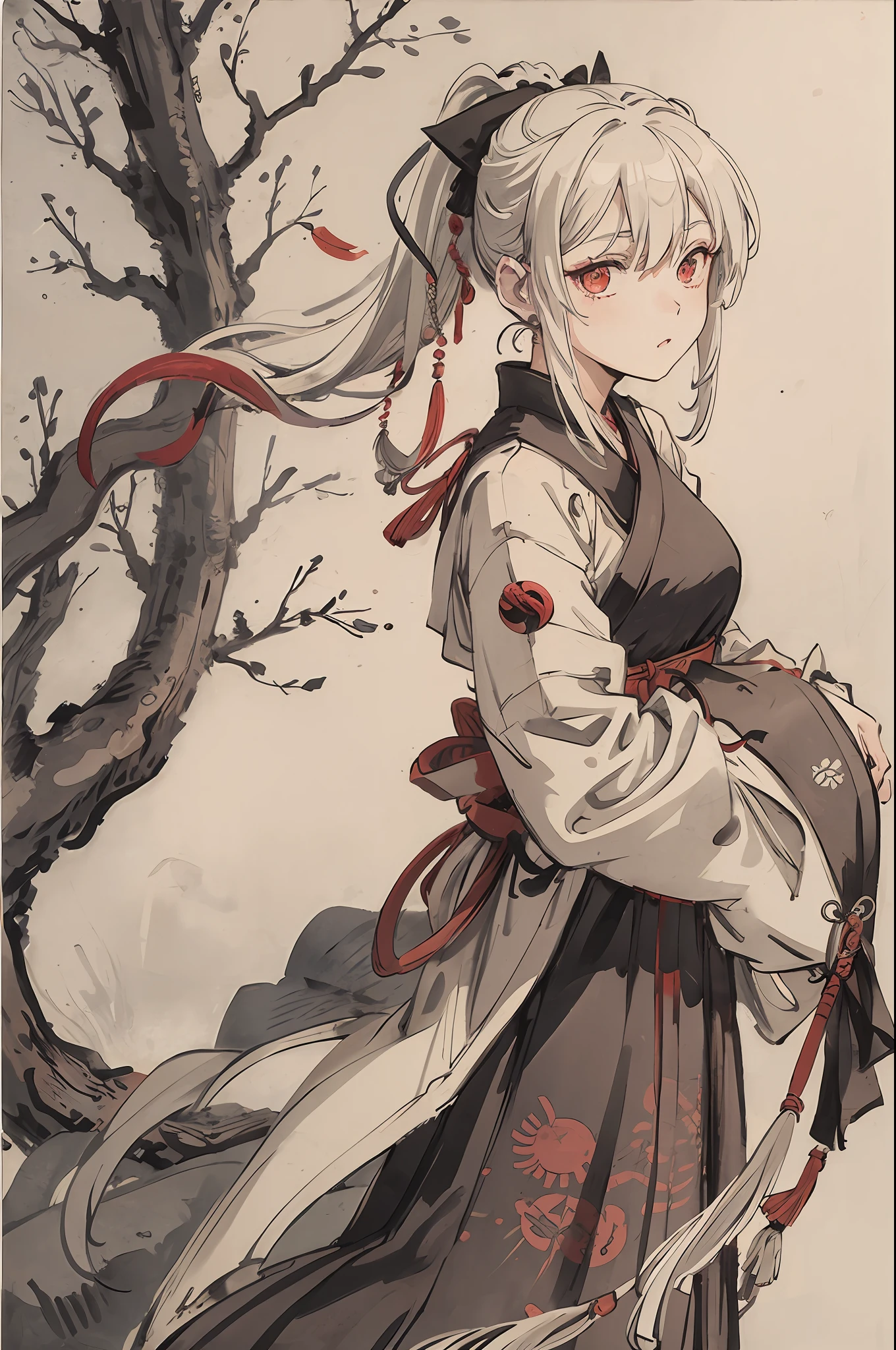 Masterpiece, Awesome, 1girl, Portrait, White Hair, Ponytail, Red Eye, Samurai, Plum Tree, Sun, Cloud, (Neutral Color), (HDR:1.4) Holding a Sword