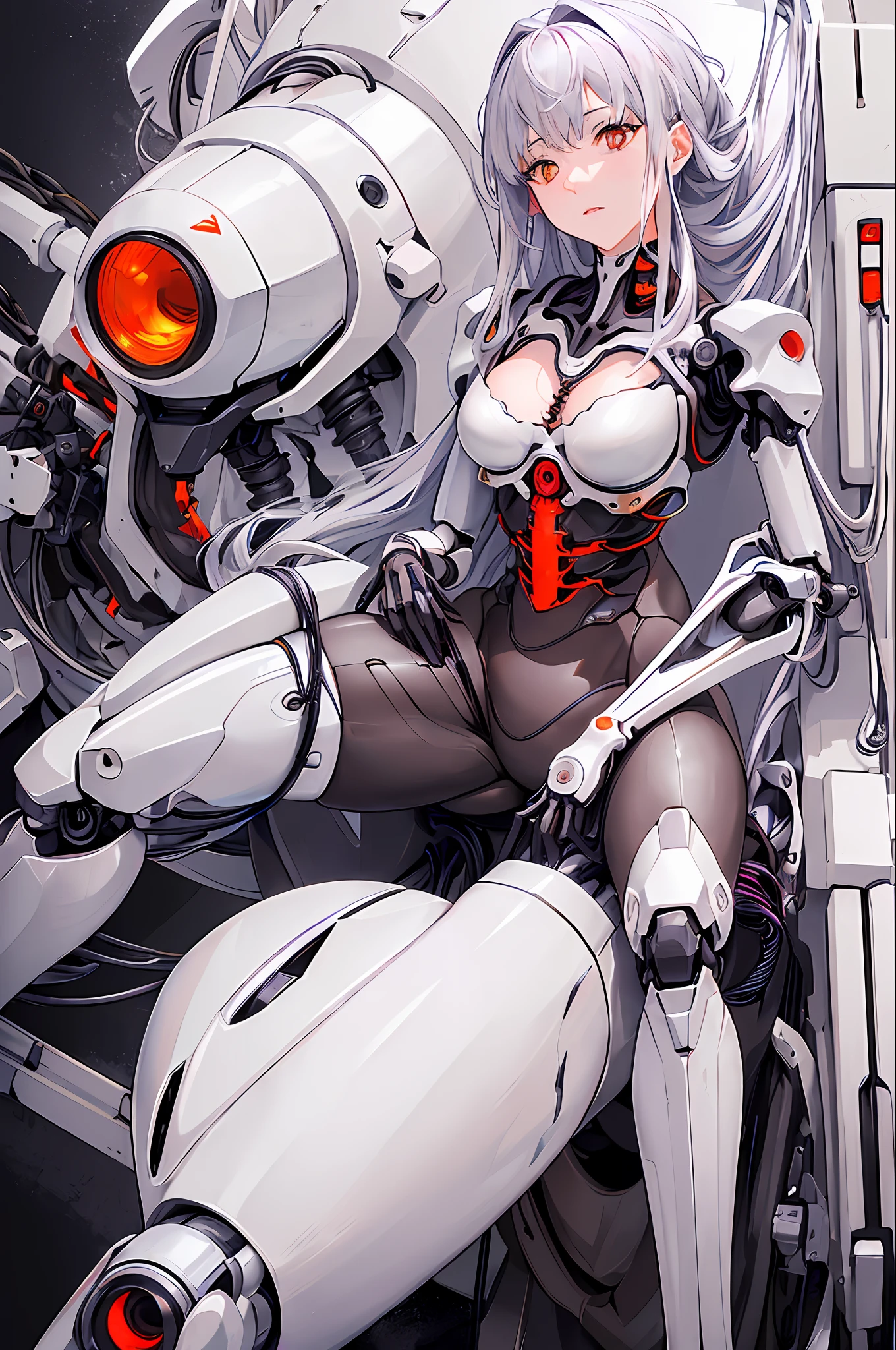 (((Masterpiece)))), (((highest quality)))), ((Ultra Definition)), (Very Fine Photoreality), (((Very Delicate and Beautiful)), (Delicate and Pretty Face), Cinematic Light, (((1 Girl)), Solo, Full Body, Big, Cleavage Is Visible Skin, White Hair, Red Eyes, Glowing Eyes, Thighs Exposed Skin, (Mechanical Joint: 1.4), ((Mechanical Limbs)), (Blood vessels connected to tubes) ), (Mechanical vertebrae attached to the back)), ((Cervical vertebrae of the machine) attached to the neck)), (((Sitting)), Expressionless, (Wires and cables attached to the head and body: 1.5), (Character Focus), Small LED lamp on the body, Evangelion, SF, Gunmetallic body, detailed neon, hydraulic cylinder