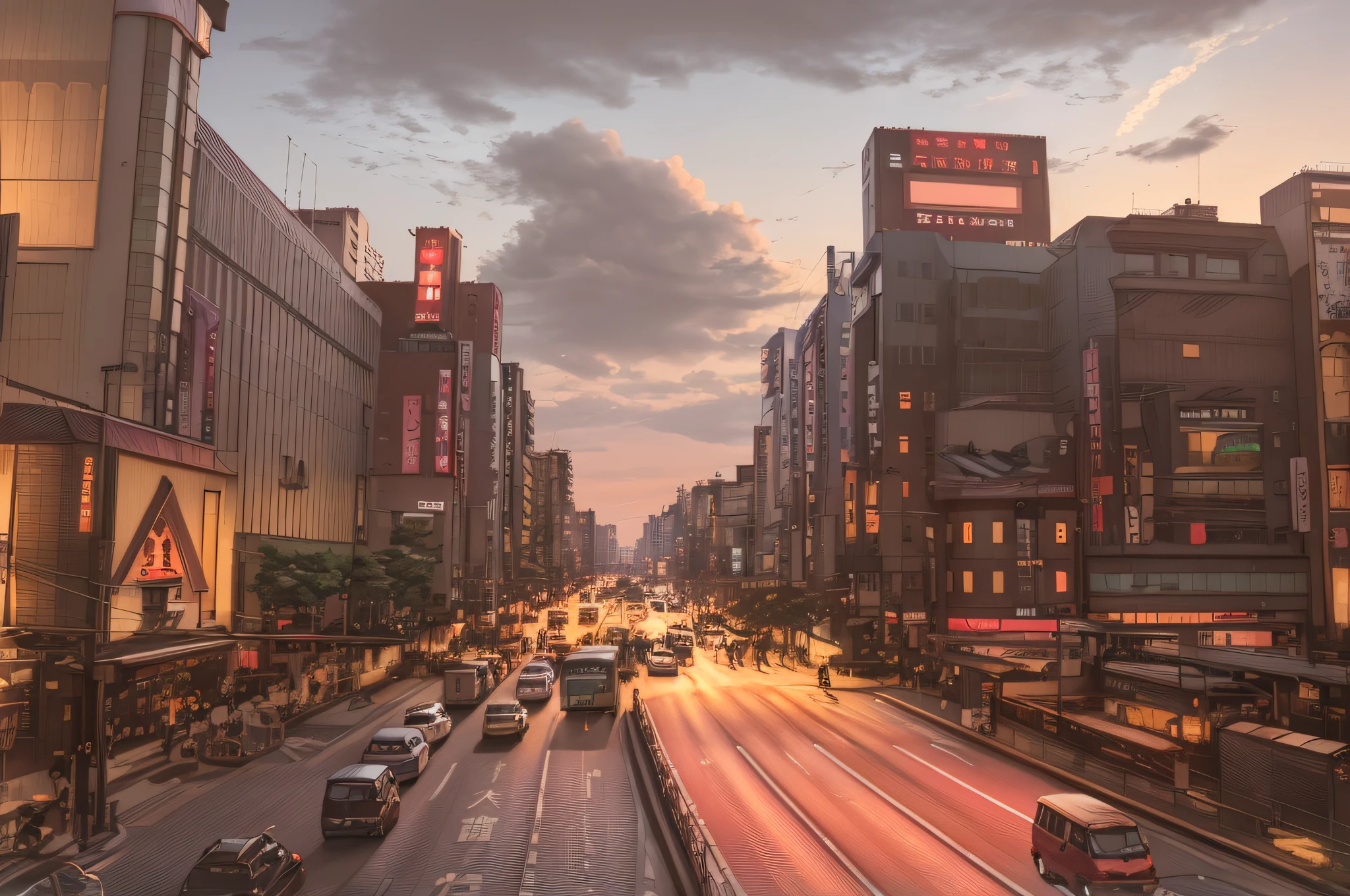 araful city street with cars and buses on both sides of the road, japanese downtown, tokyo street, tokyo street cityscape, golden hour in tokyo, tokyo street background, japanese city, tokyo anime scene, tokyo akihabara street cityscape, tokyo futuristic and clean, tokyo city, photograph of the city street, in the streets of tokyo, tokyo japan