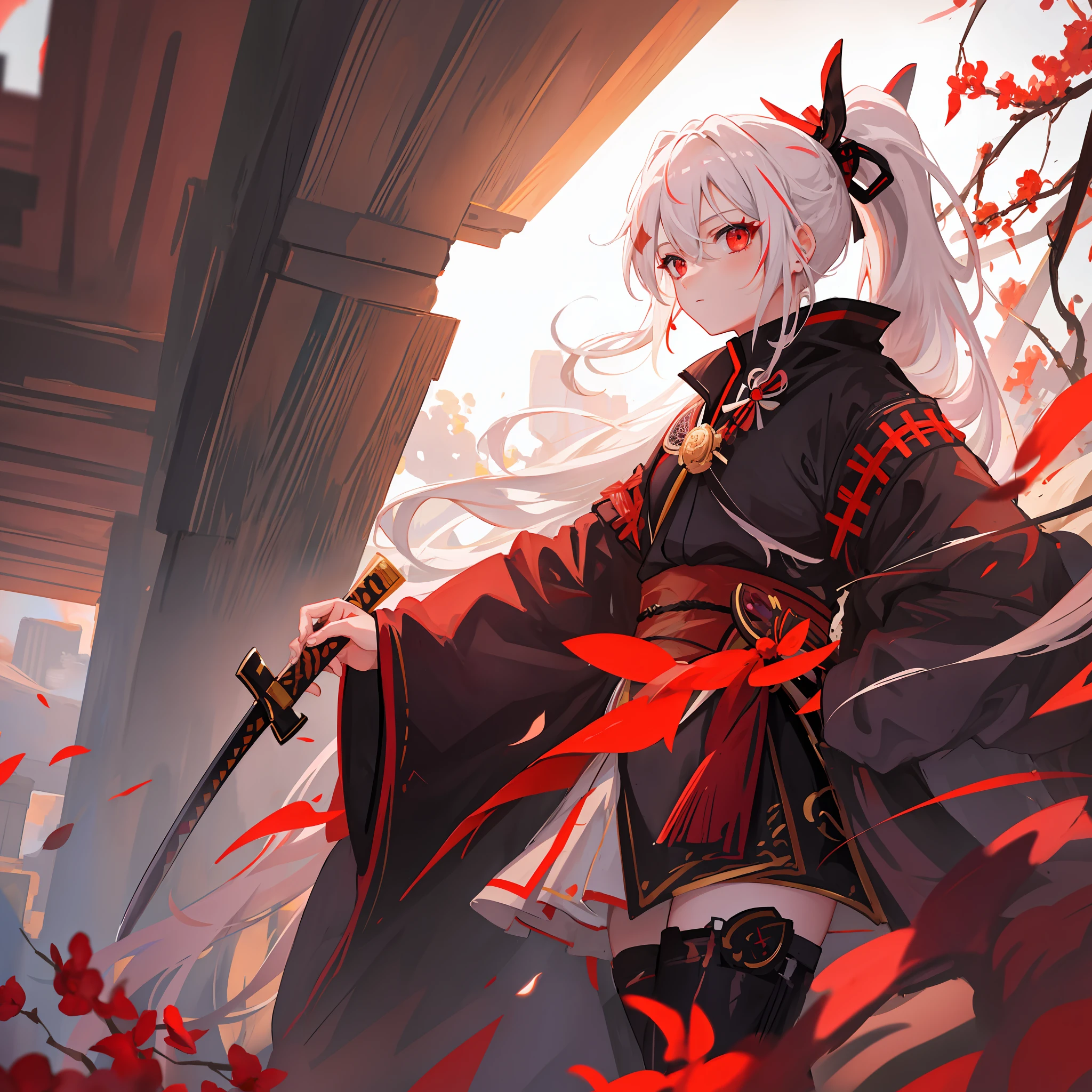 Masterpiece, Awesome, 1girl, Portrait, White Hair, Ponytail, Red Eye, Samurai, Plum Tree, Sun, Cloud, (Neutral Color), (HDR:1.4) Holding a Sword