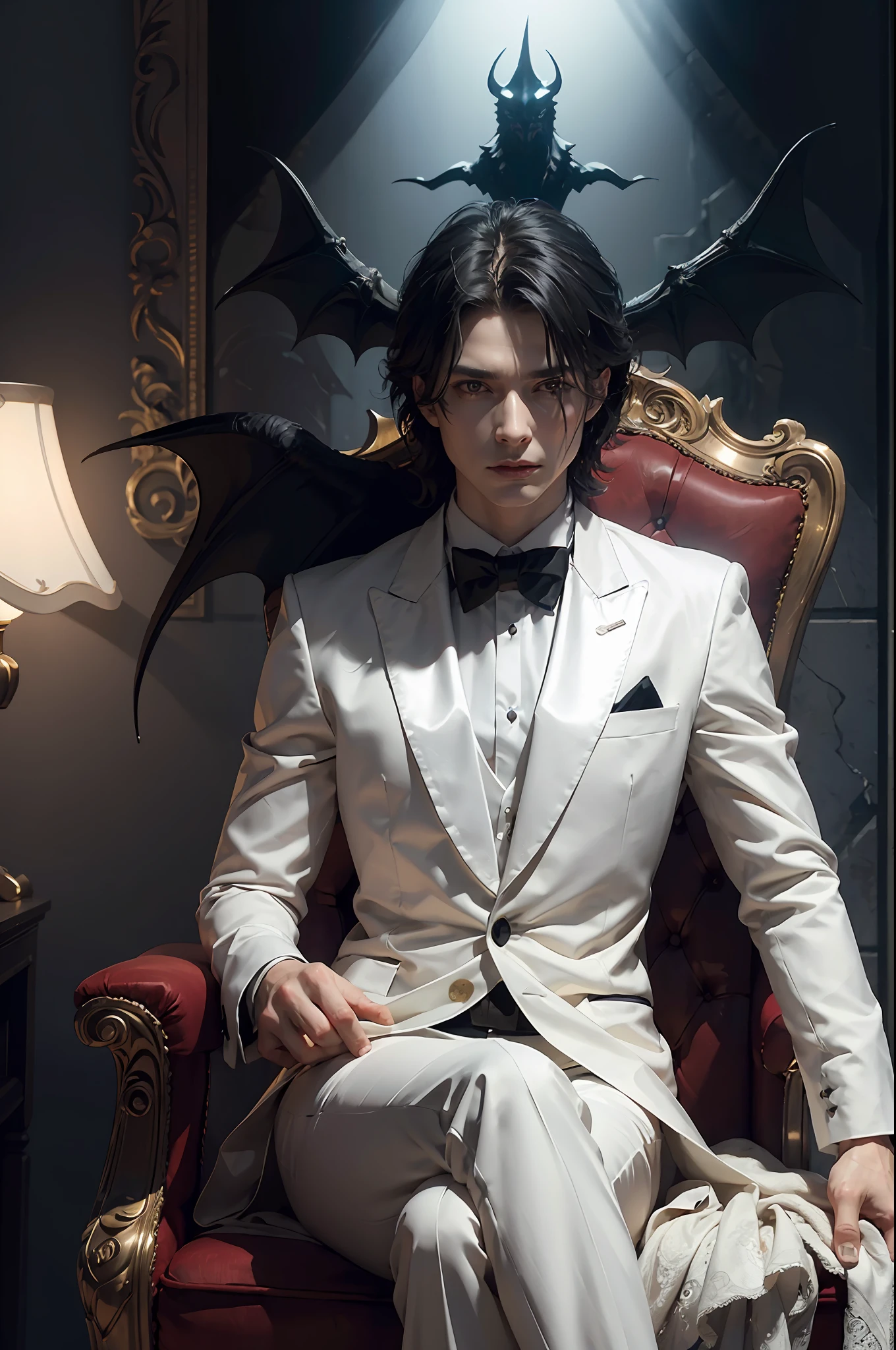 "(exquisitely detailed CG unity 8k wallpaper, masterpiece-quality with stunning realism), (best illumination, best shadow), (best quality), ((gallant man)), (elegant and demonic style:1.2), demon lord, sitting elegantly upon an intricately glorious throne, wearing a (sleek white tuxedo:1.2), (piercing black eyes+short black hair:0.8), surrounded by an ominous and dark atmosphere, accentuated by dramatic and striking lighting, imbued with a sense of surreal fantasy".