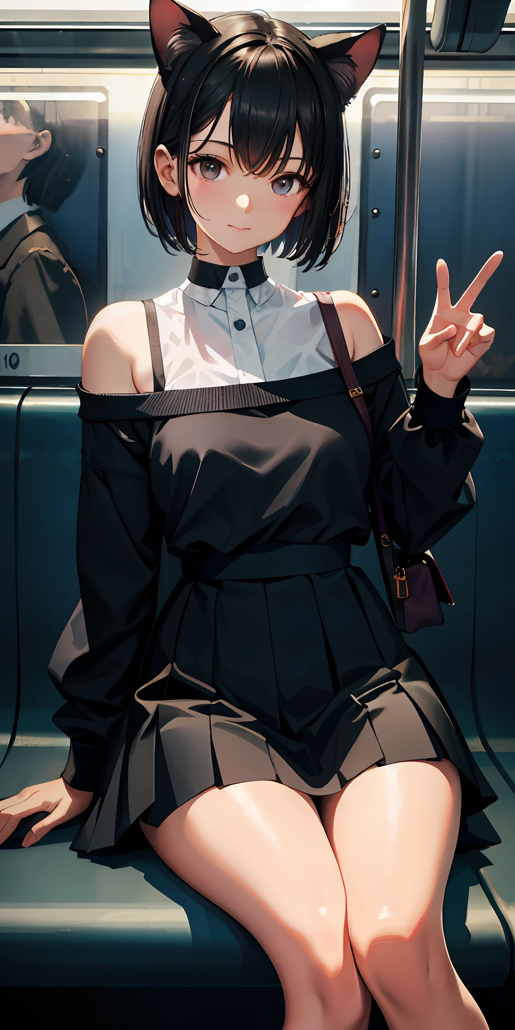 Masterpiece, best quality, high resolution, very detailed, detailed background, 1 girl, looking at the audience, sitting on the subway, inside the train, posing pose, wearing cat ears, short hair, white off-the-shoulder dress, skirt, transparent, happy, NSFW