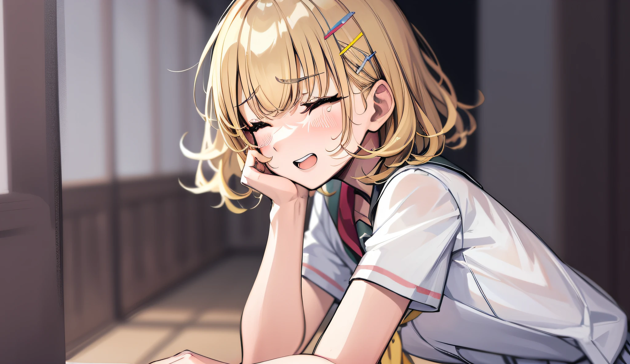 Highly Detailed Eyes, Sharp Focus, Top Quality, 1girl, Short Hair, Uniform, Hair Ornament, Smile, Open Mouth, Blonde, Curly, Bangs, Dull Bangs, Big, Big, Clavicle, Monochrome, Line Art, Portrait, Smile, Full Body, Plain Skirt, White Underwear, Face Collapsed, Face Down, Eyebrows, Contorted, Flew, Grimacing, Glare, Mockery, Furious, Uniform, School Uniform, Crying, shedding tears, wiping tears, closing eyes, sad, profile, clenching teeth, showing whole body, whole body