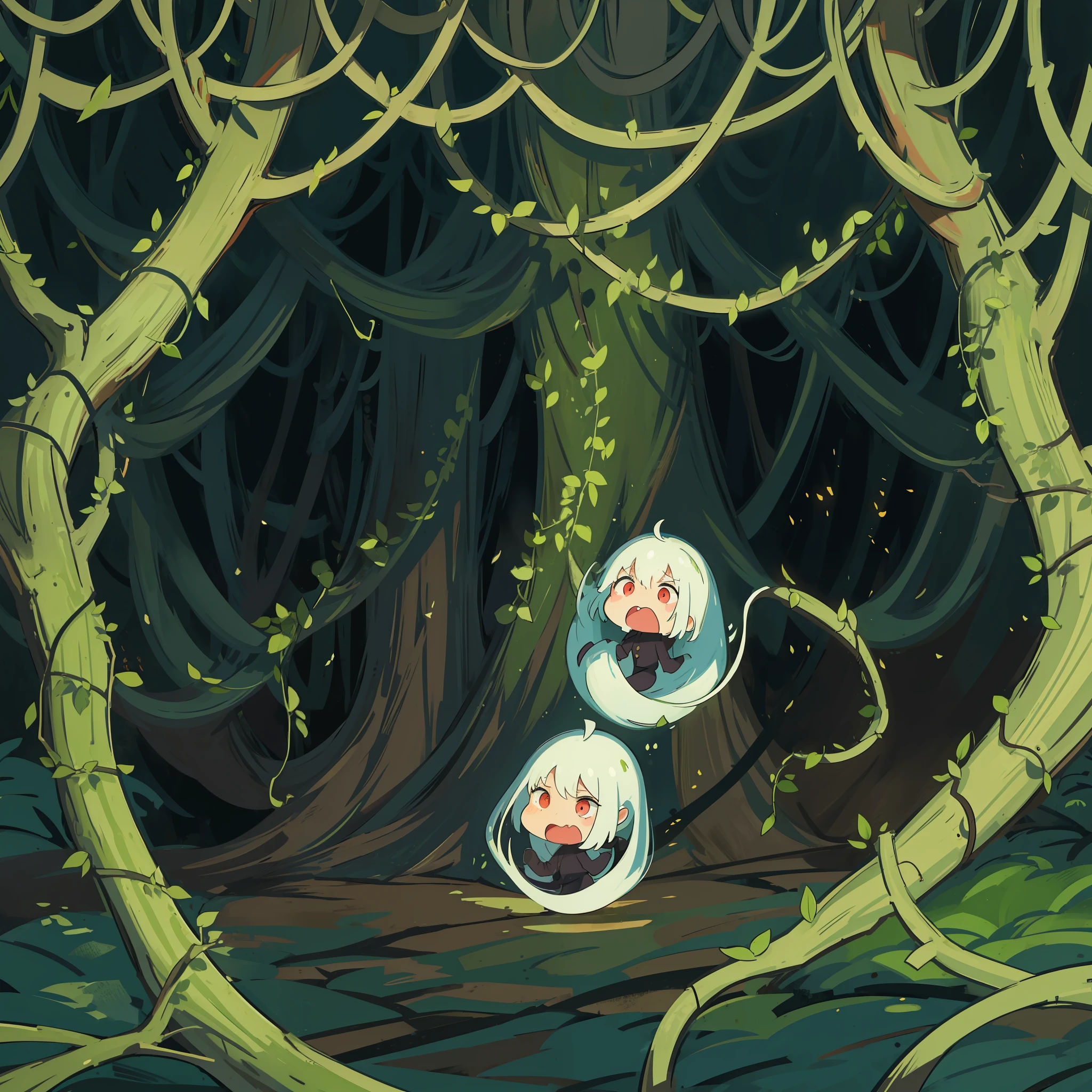 (Crawling in the shadows), (squirming in the shadows), (Swinging vines), (Screaming), (Flying dead ghosts)