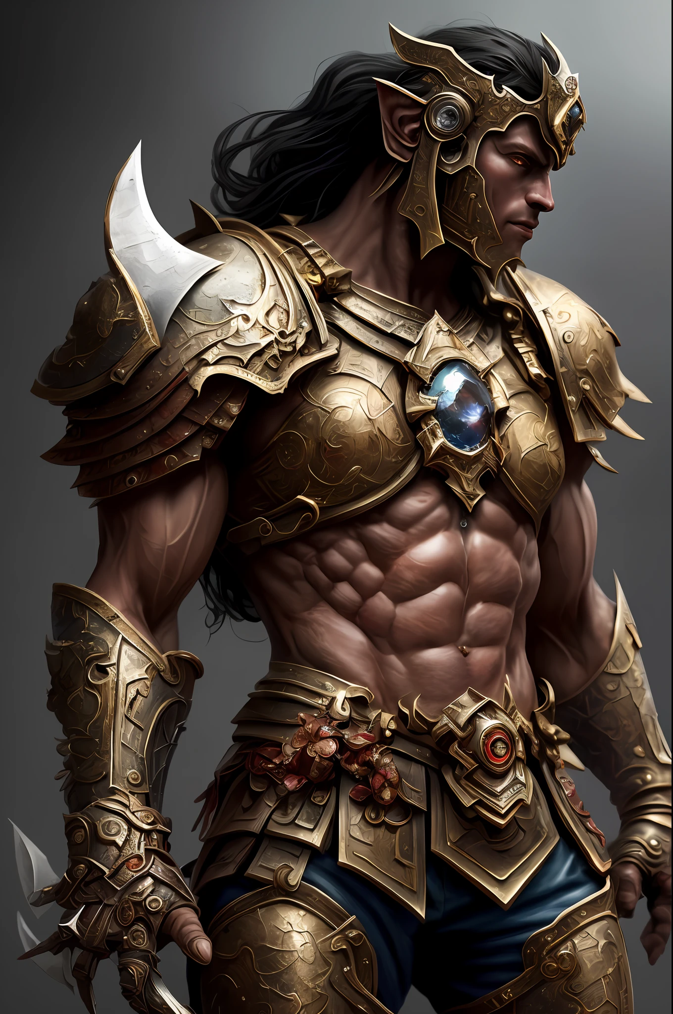 (Painting: 1.3) from (Detailed illustration: 1.3) A (full body: 1.3) shot in 8k resolution, splash art, fantastic style of comics, photorealistic, intense visual, anatomical photorealistic digital painting portrait of a (Spartan warrior: 1.3) human (warrior: 1.3) in intricate red and silver (heavy armor: 1.3) in one (dark and temperamental universe: 1.3), particle of light, very detailed skin,  Samurai, very detailed eyes (old ring style: 1.3), (Warhammer style:1.1), conceptual artist, global lighting, depth of field, splash art, art by Artgerm and Greg Rutkowski and Viktoria Gavrilenko