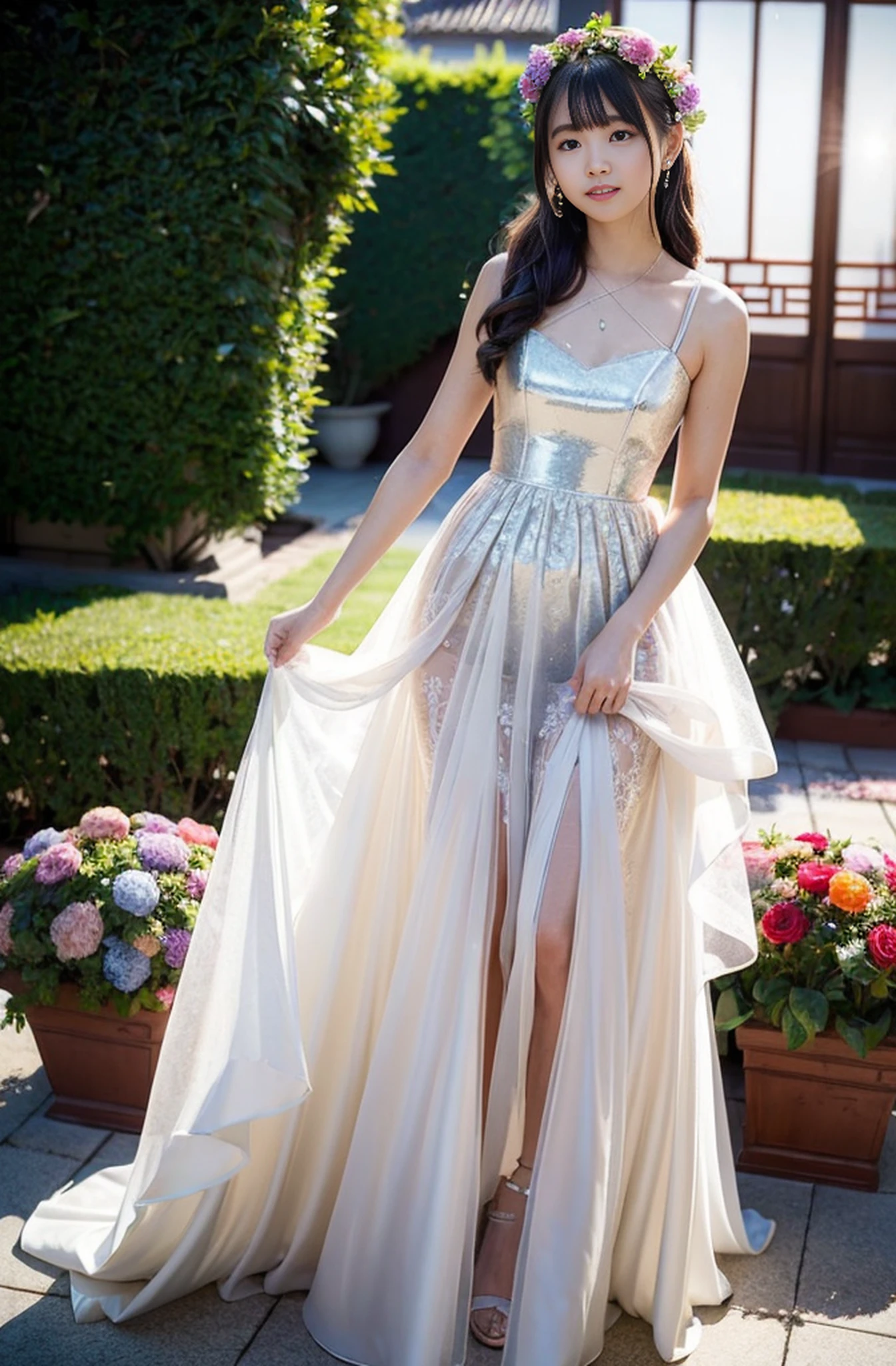 (((Full body photo))))), (((Rembrandt lighting)))),((Sunset backlight))),(Lens flare),((Wearing a red wedding dress)),((Super Soft Focus))))), smiling, (Looking into the distance)))), twilight, showering, Colorful hydrangea in the background, surrounded by hydrangeas, ((soft sunset)), (yinchuan:1.5), masterpiece, best quality, raw photo, photorealistic, face, beautiful girl, cute, (((depth of field)))), high resolution, ultra detail, fine detail, very detailed, cinematic lighting