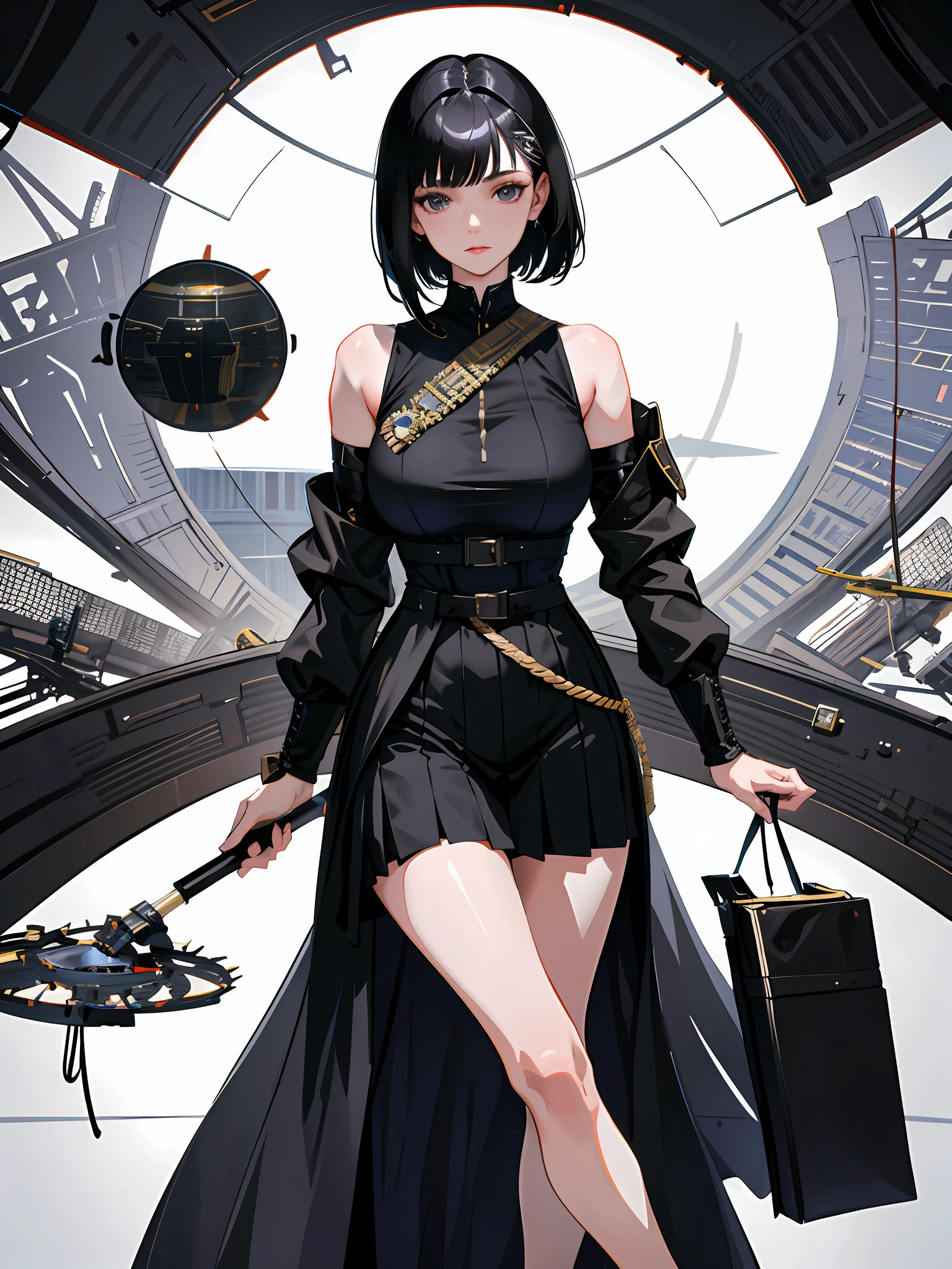 (highest resolution, distinct_image), best quality, masterpiece, highly detailed, semi realistic, a woman with short black hair, (black hair), (black eye), mature woman, triple bangs, black uniform, black pleated skirt, military uniform, medals, magnificent military uniform, beautiful woman, spaceship spaceship, control room, commander, interior spaceship