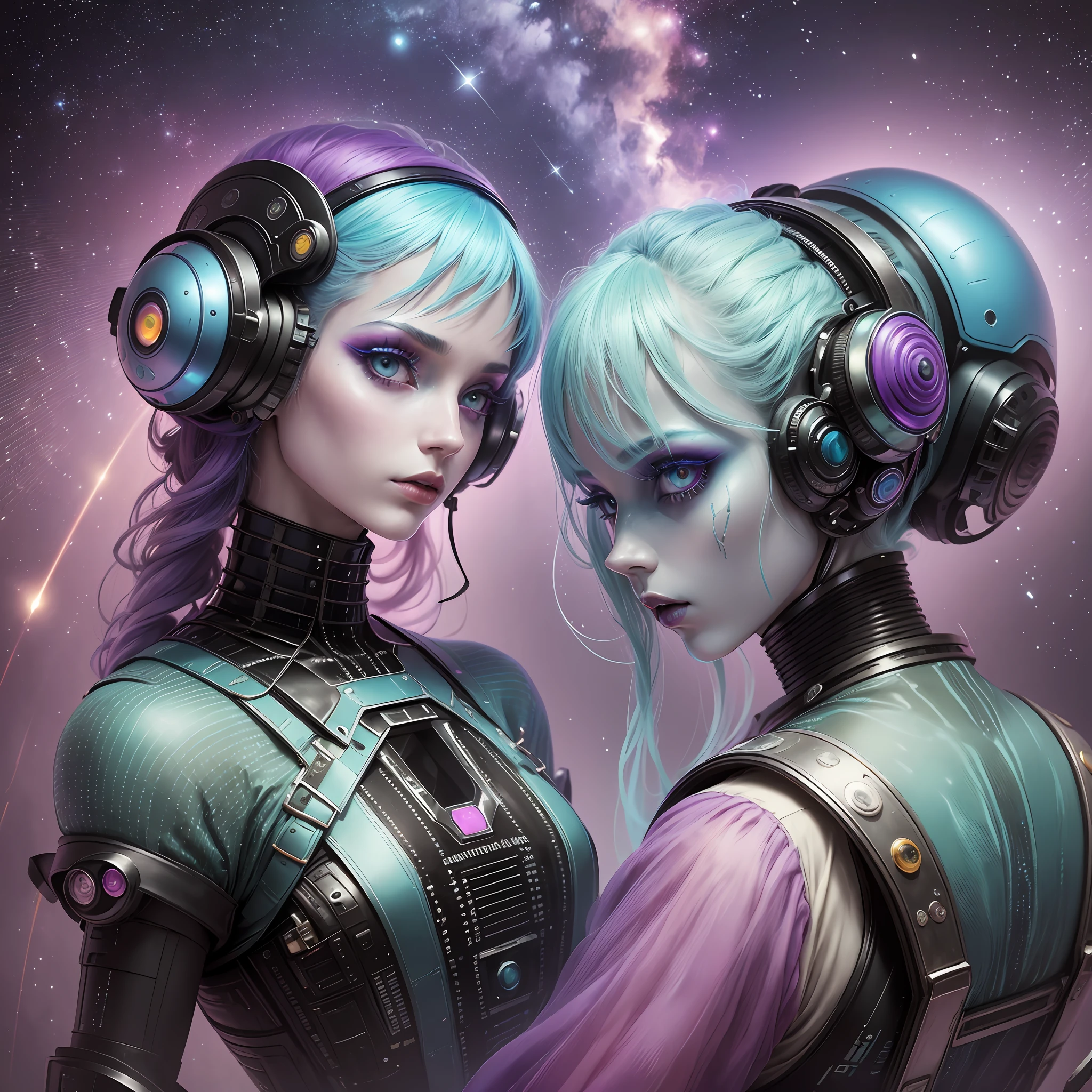 (muted rainbow pastels, sci-fi pop movie scene from the 1790s, aliens, robots, and space technology),(fashion editorial photography, avant-garde outfits, otherworldly hairstyles, and high-fashion makeup) --auto --s2
