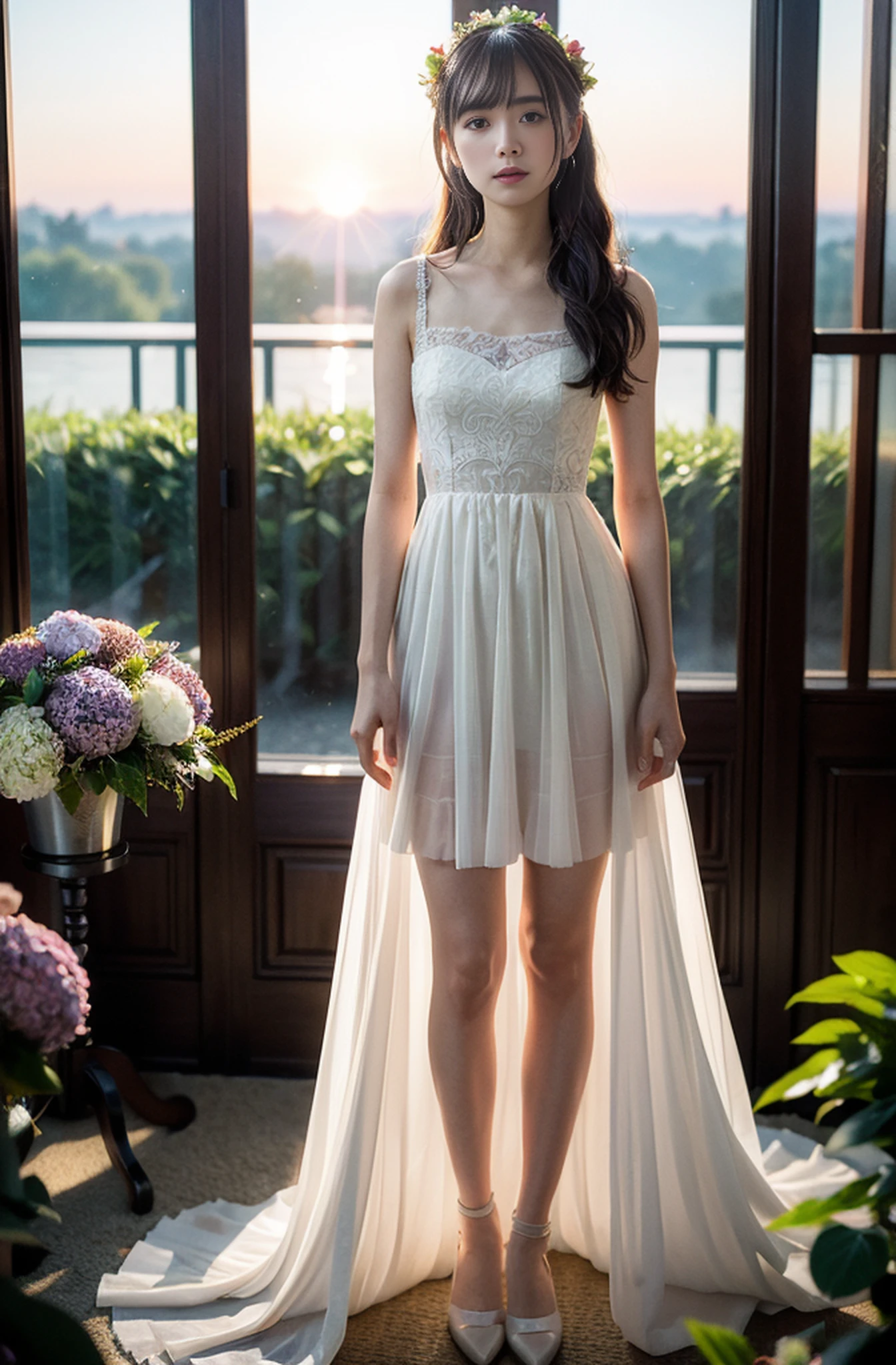 (((Full body photo))))), (((Rembrandt lighting)))),((Sunset backlight))),(Lens flare),((Wearing a red wedding dress)),((Super Soft Focus))))), smiling, (Looking into the distance)))), twilight, showering, Colorful hydrangea in the background, surrounded by hydrangeas, ((soft sunset)), (yinchuan:1.5), masterpiece, best quality, raw photo, photorealistic, face, beautiful girl, cute, (((depth of field)))), high resolution, ultra detail, fine detail, very detailed, cinematic lighting