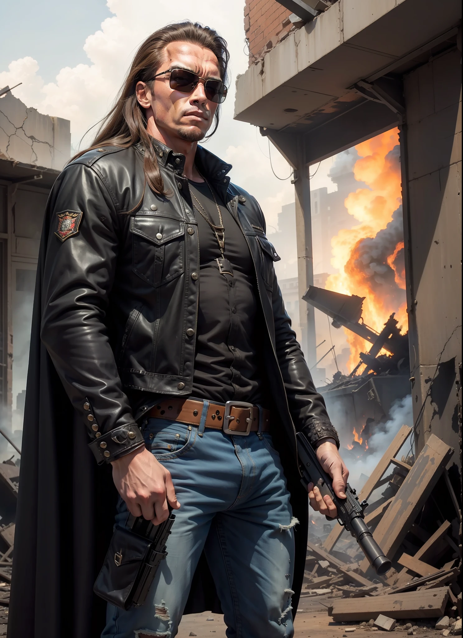 young Arnold Schwarzenegger, long hair, sunglasses, jeans, 1 belt, holster, rivets, long black cape, just one body, big gun in hands, in ruins, explosions behind, fire behind, front view