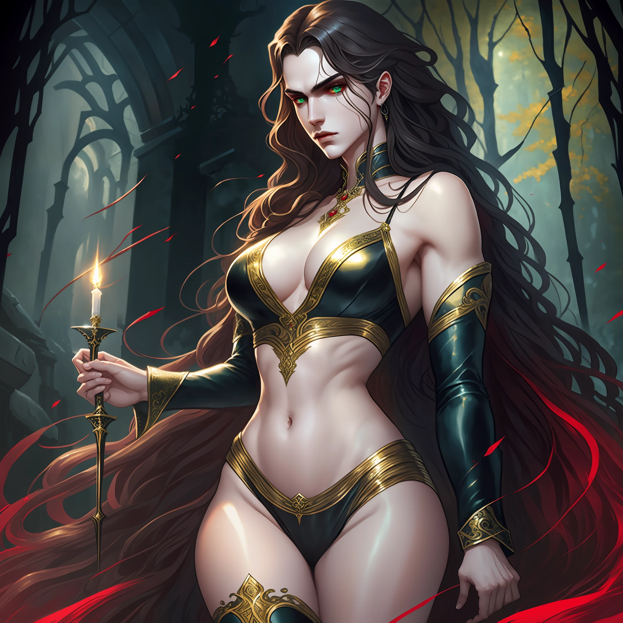 Me in a gothic setting of Castlevania, long curly brown hair flowing, wearing metallic red and gold bikinis, mesmerizing green eyes, intricate details. The background is dark and Gothic, adding to the mysterious atmosphere. This art is on the rise at ArtStation, capturing the essence of the iconic Symphony of the Night game. The illustration is soft, with sharp focus, showing the beauty and allure of @Me. --auto --s2