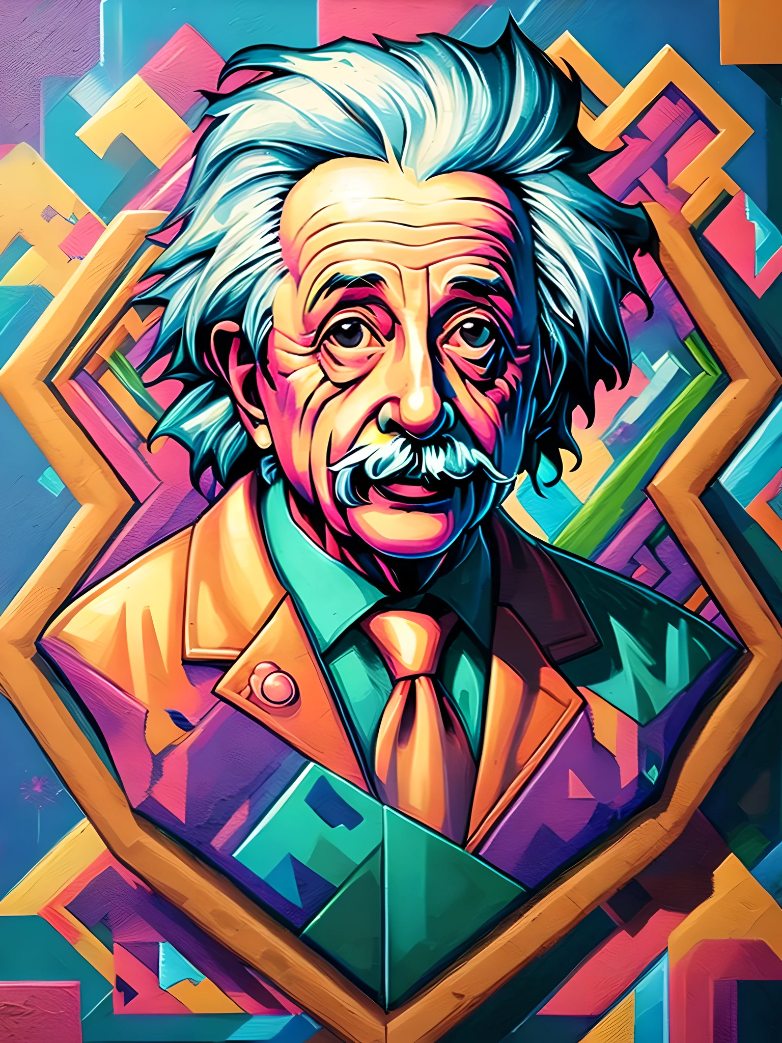 (Best quality),(masterpiece),(ultra detailed),(high detailed),(extremely detailed),centered, isometric, mural, graffiti, composition, shapes, patterns, vector art ready to print highly detailed graffiti illustration of Einstein