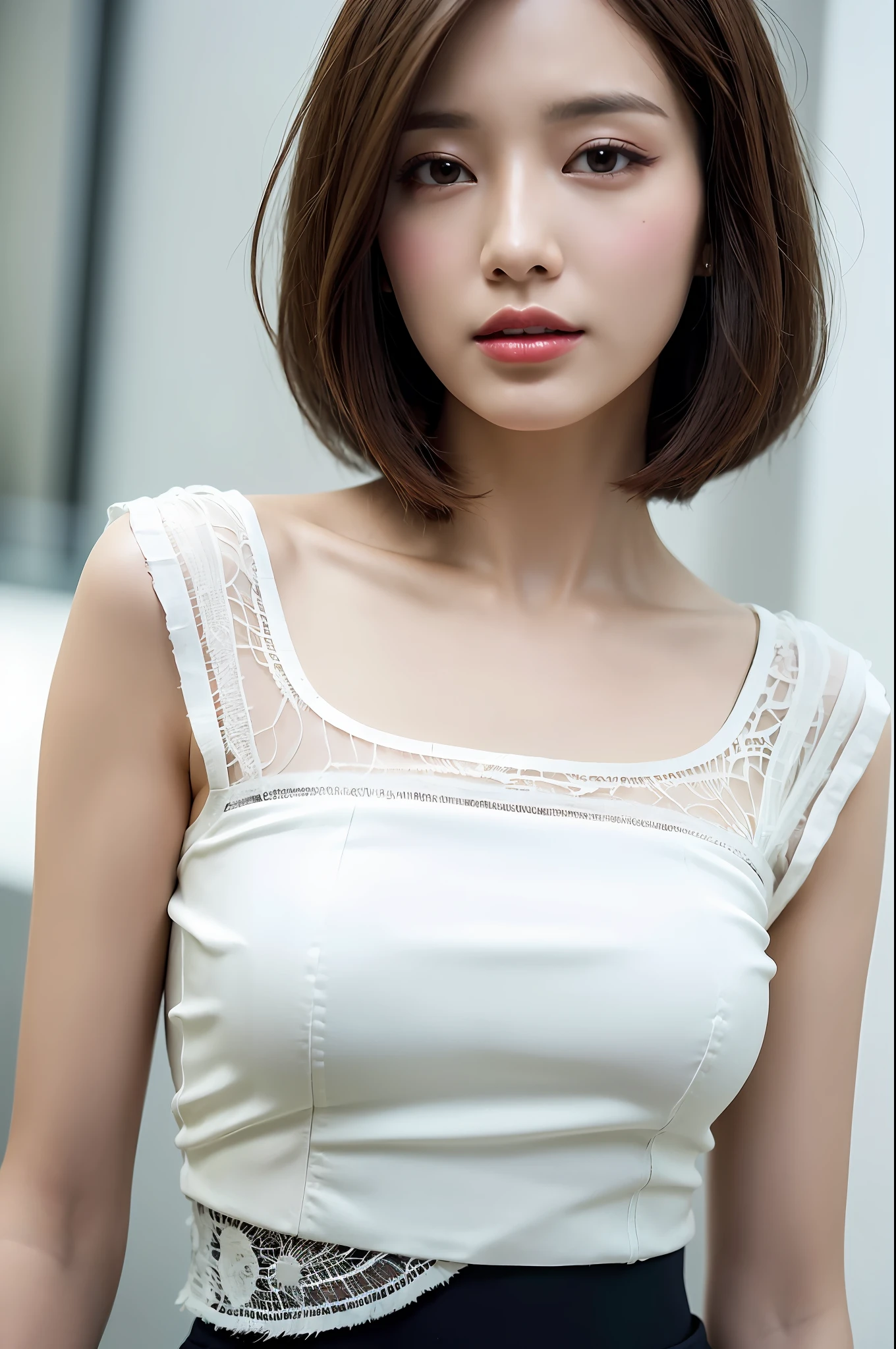 Top Quality, Masterpiece, High Resolution, 1girl, Beautiful and Perfect Face, Bob Cut, White Skipper Blouse with Thin Fabric, Intricate Details, Cinematic Feel, 8K, Very Detailed, Big