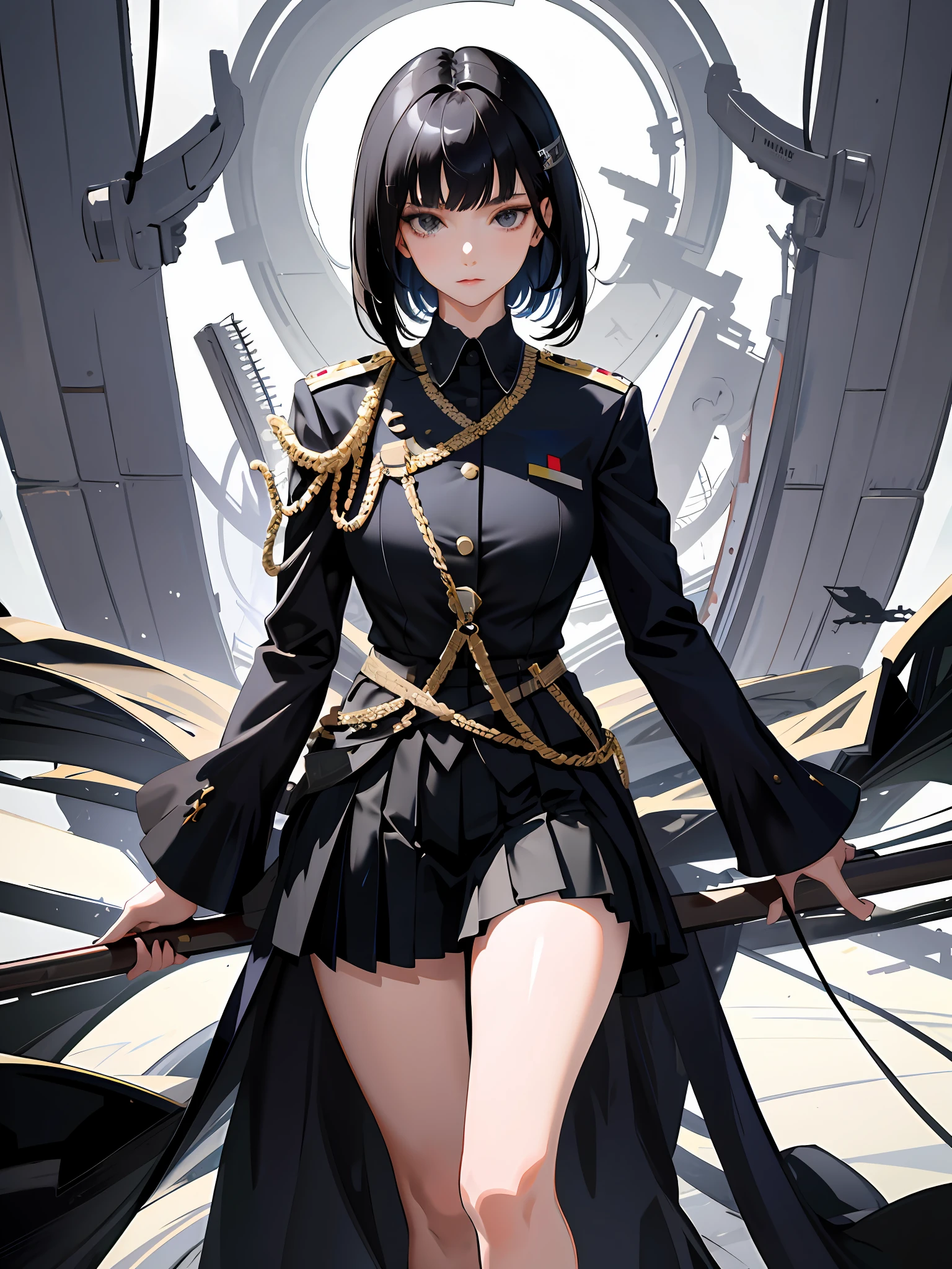 (highest resolution, distinct_image), best quality, masterpiece, highly detailed, semi realistic, a woman with short black hair, (black hair), (black eye), mature woman, bangs, black uniform, black pleated skirt, military uniform, medals, magnificent military uniform, beautiful woman, spaceship spaceship, control room, commander, military clothing