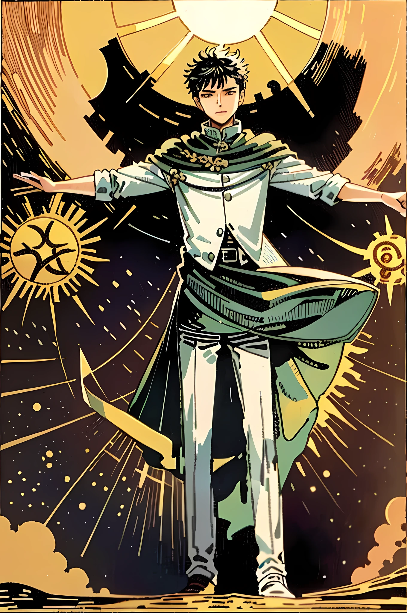 masterpiece, best quality, full body, tarot card, 1 man, the sun, happiness, freedom, suit, short hair, black hair, muscle, brush cut, the king