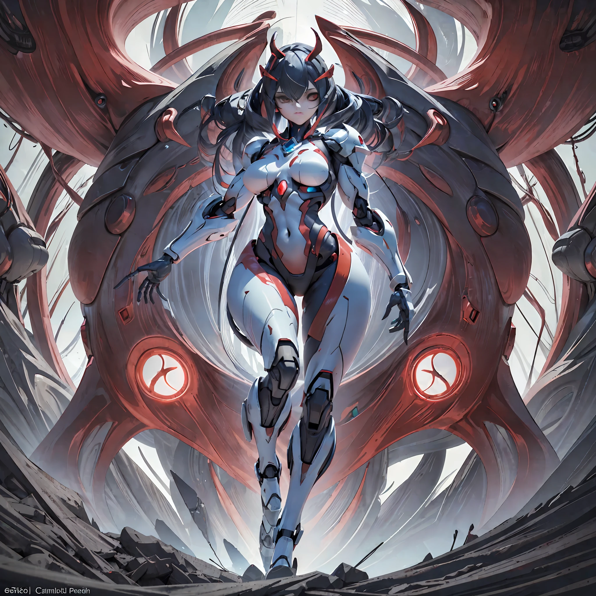 (Dark environment: 2.0) Closed room, a young woman's armor with intoxicating curves, enchanting charm, and plump chests, with a high degree of anthropomorphism, the armored body is a body with female human signs, the female human body is wearing a white one-piece rubber suit, the armor color is white, the armor surface is decorated with random symmetrical blue gemstones, the character's face is replaced with a mechanical face, the vivid mechanical face is cute, the head is wearing mechanized red and white demon horns, and the mecha is parasitized by red mechanized octopus tentacles, The mechanical tentacles and the host body are perfectly integrated, the mechanical tentacles are perfectly integrated with the host organs, the armor is randomly distributed symmetrically with obvious tentacle parasitic features, the clothes on the chest are replaced by red three-point underwear formed by the winding of mechanical tentacles, the white chest that exposes human signs, the clothes of the butt are replaced by red thongs formed by the winding of mechanical tentacles, the white lower abdomen that exposes human signs, there are no extra tentacles around the character, the armor stands to show his body, only one armor is rendered, and there is no other armor in the picture, Healthy, well-proportioned, natural, properly proportioned, dynamic posture, human anatomy, correct proportions, smooth lines, two healthy arms, two well-proportioned legs, flexible fingers, stable gait, appropriate limb length, uniform muscle development, coordinated movements, correct range of motion for arms and leg joints, stable back, even leg spacing, balanced upper body posture, natural separation of legs, relaxed hip muscles, coordinated contraction of leg muscles, healthy and flexible hands, balanced and robust legs, Suitable and comfortable high heels, good foot posture, ergonomic hand design, stable support of the feet, feet wearing mechanized high heels, suitable shoe size, sensitive finger joint