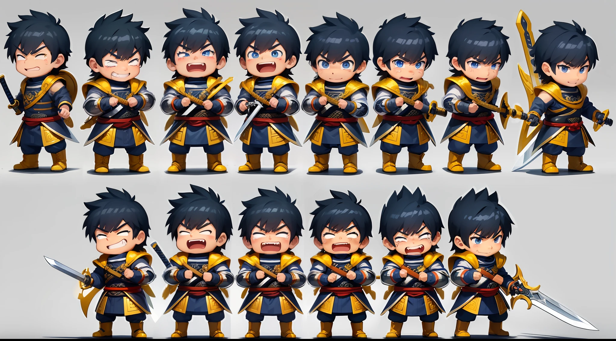a character boy (man) chibi warrior outfit, sword and shield, in 10 different positions and expressions, (crying, smiling, angry, happy, sad, running, sitting, on his back, excited, curious)