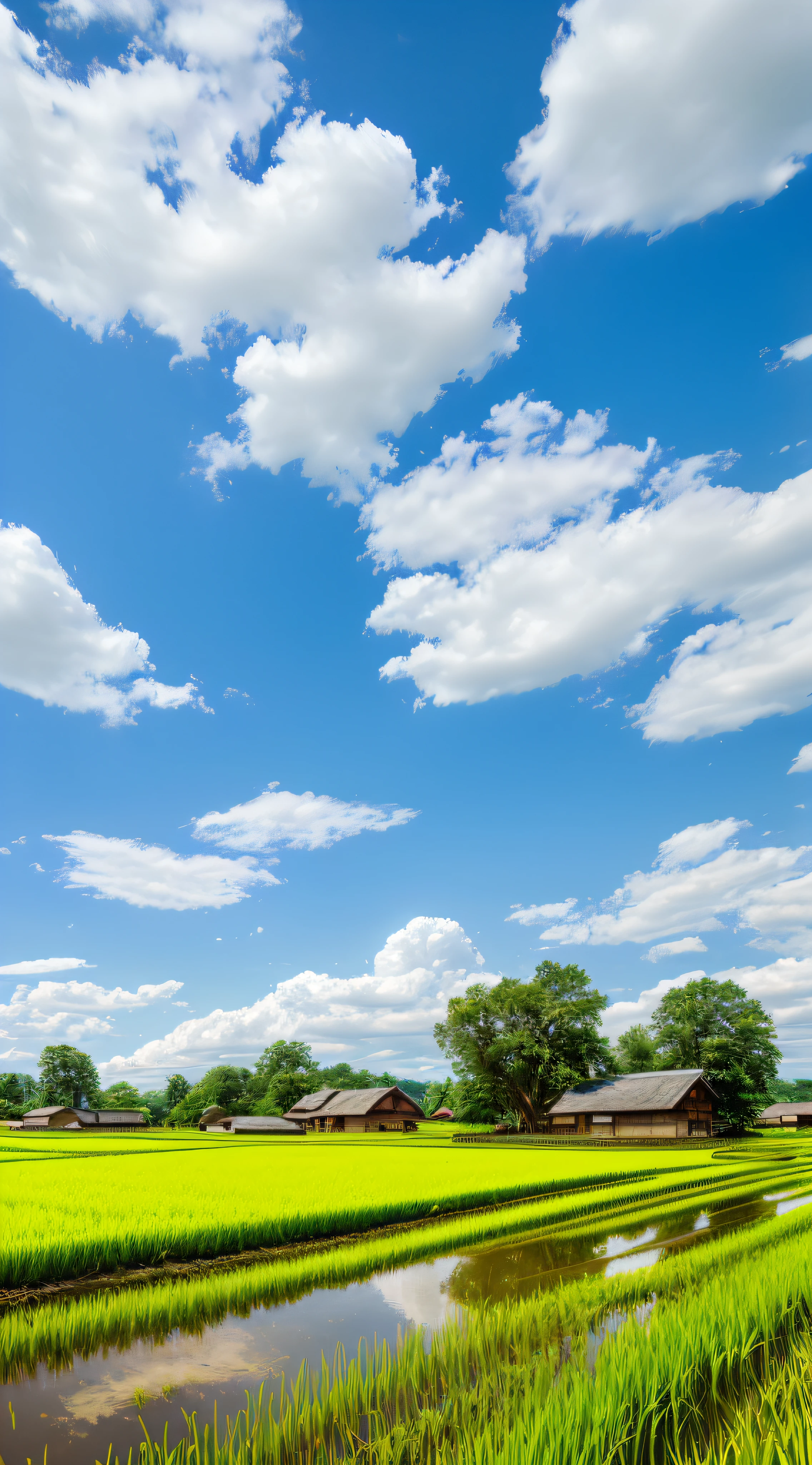 In summer, the small village of the hometown is beautiful, rice fields, dirt roads, streams, trees, peach blossoms, log cabins, blue sky and white clouds, super HD