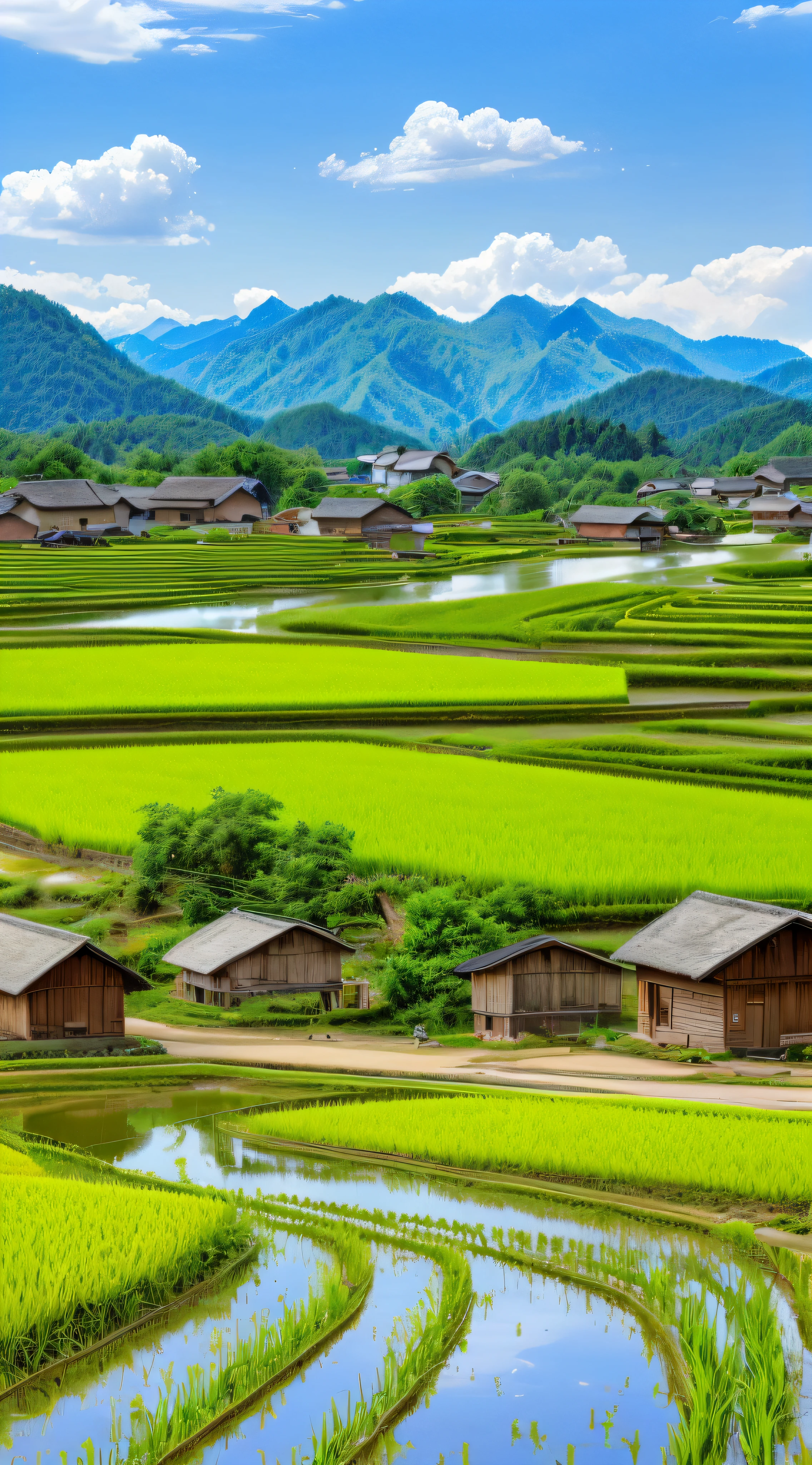 In summer, the small village of the hometown is beautiful, rice fields, dirt roads, streams, trees, peach blossoms, log cabins, blue sky and white clouds, super HD
