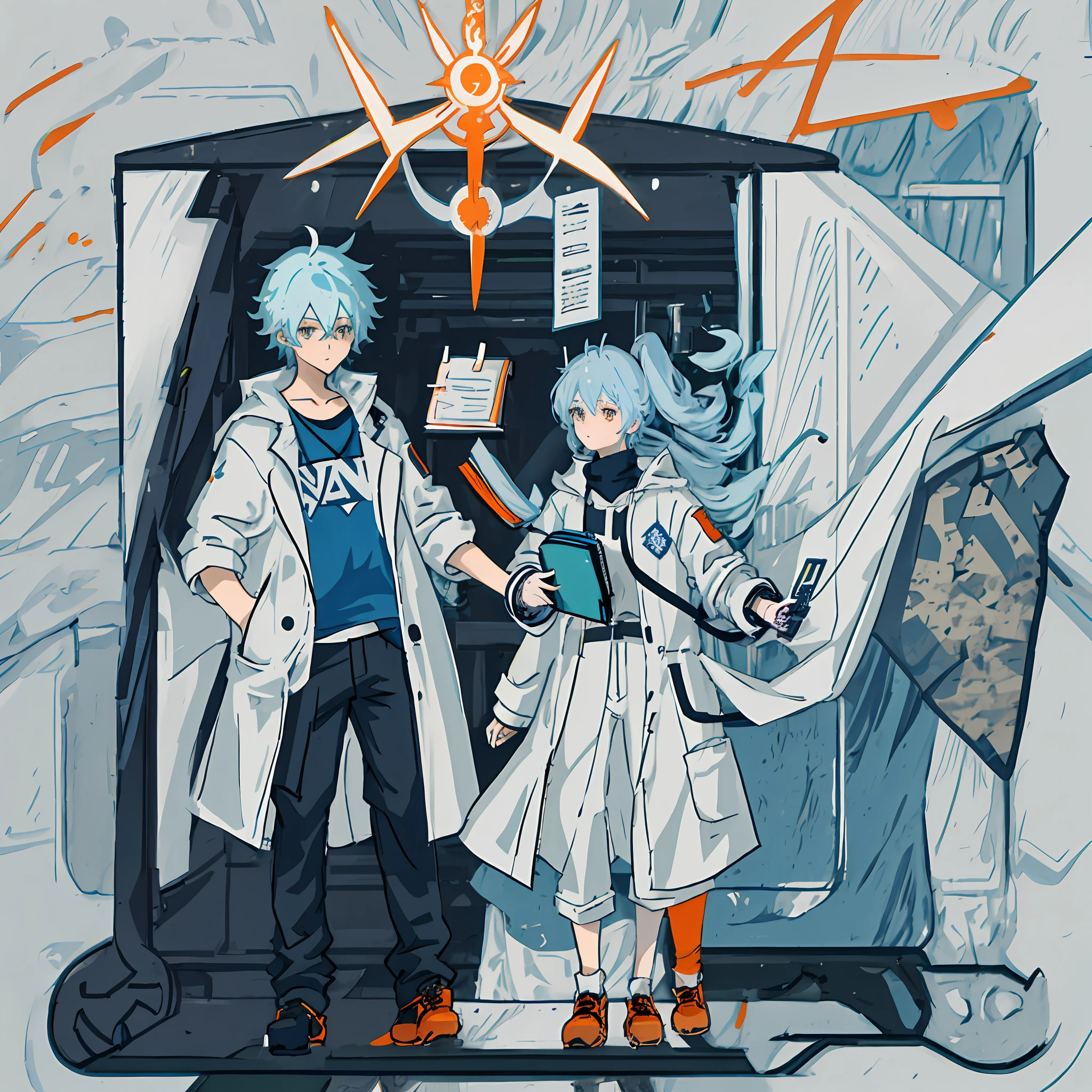 Anime boy with light blue hair in hairstyle stands in front of the door holding a book in one hand, lined with navy blue T-shirt, white trench coat, black cargo pants, orange eyes, doctor, anime art, anime style, single